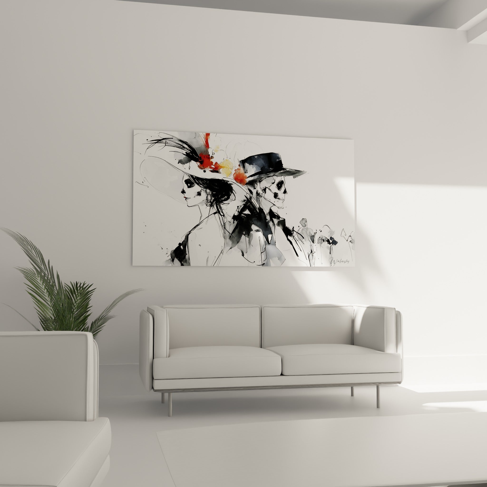 Couple Dia de los Muertos esquissé en noir et ocre, traits fins à l'aquarelle, au-dessus d'un canapé dans un salon lumineux