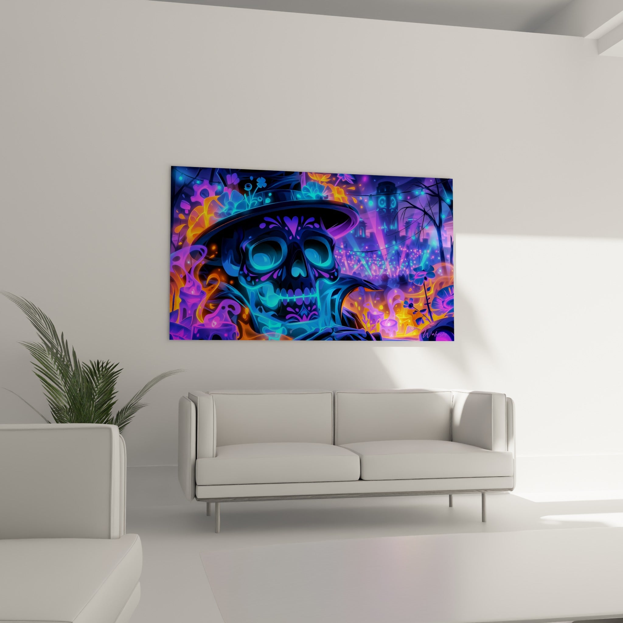 Squelette au chapeau noir entouré de fleurs turquoise et bougies ambrées, au-dessus d'un canapé dans un salon lumineux