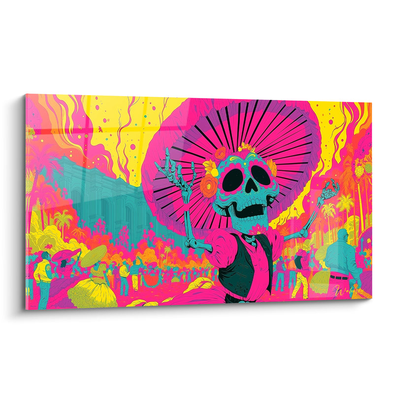 Tableau Squelette turquoise et rose au sombrero rayonnant - Foule en liesse - Edition Dia de los Muertos
