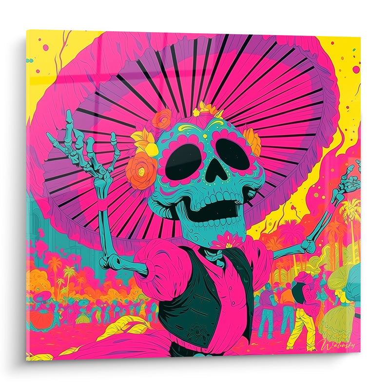 Tableau Squelette au sombrero rose et jaune - Fête effrénée - Edition Dia de los Muertos