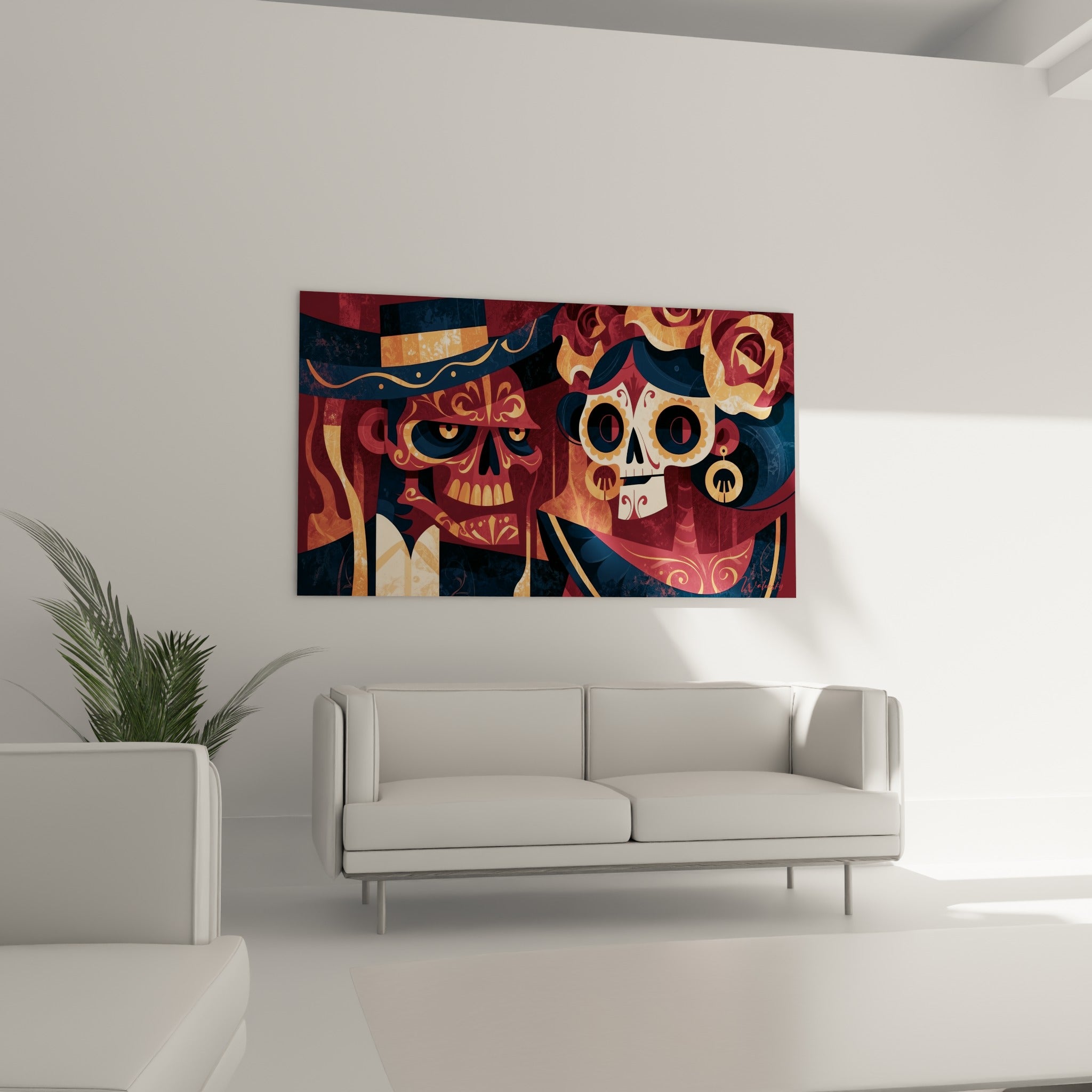 Squelettes stylisés Dia de los Muertos en bleu marine et doré, disposés au-dessus d'un canapé dans un salon lumineux