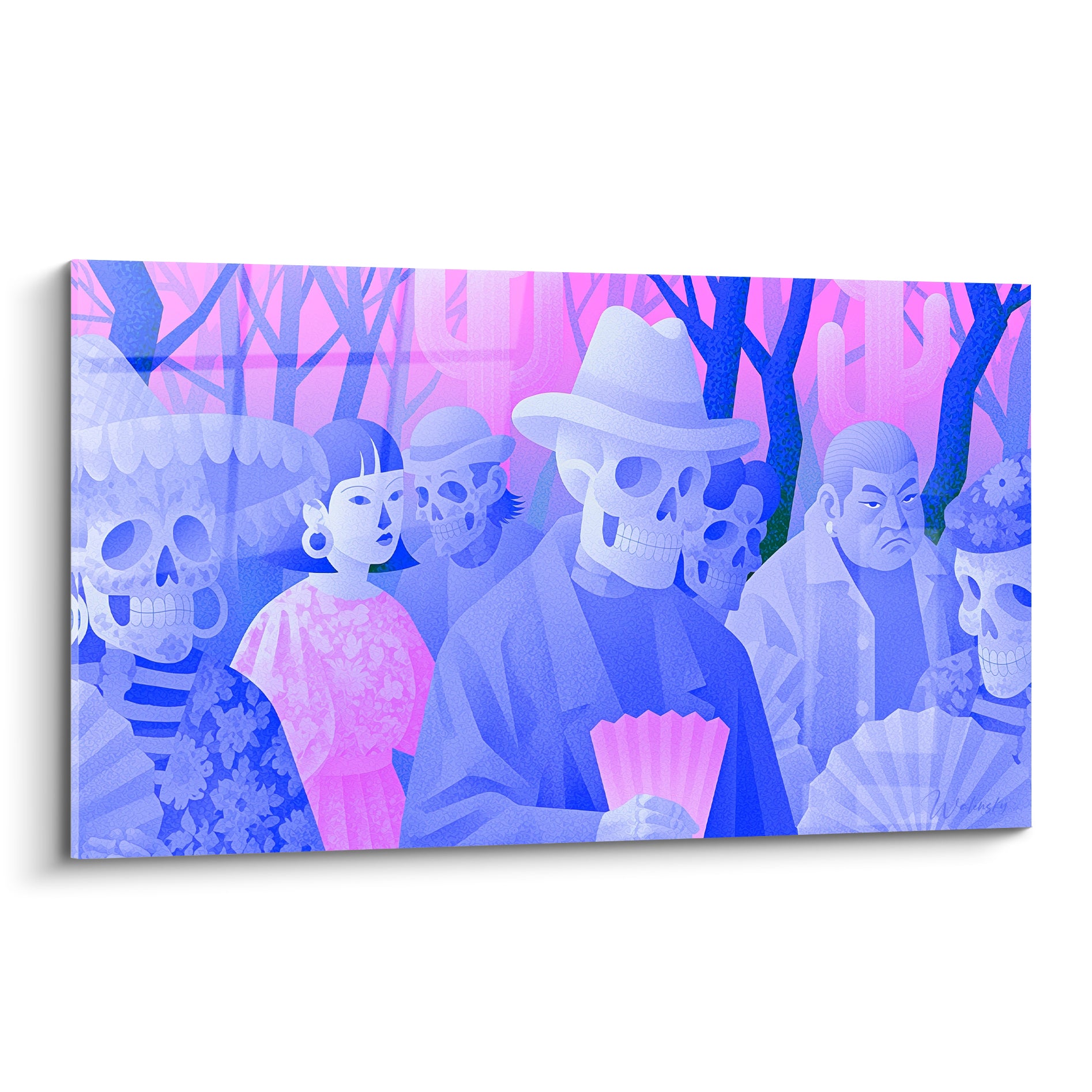Squelettes bleus et rose en procession, tableau Dia de los Muertos style graphique aux tons violets