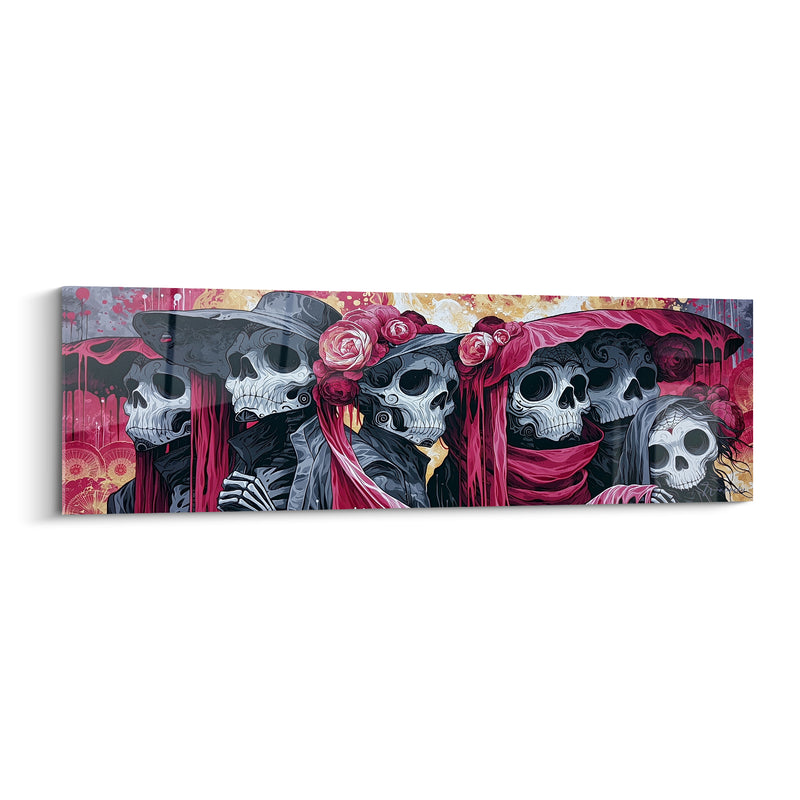 Tableau Crânes gris et bordeaux aux foulards flottants - Chapeaux à large bord - Edition Dia de los Muertos