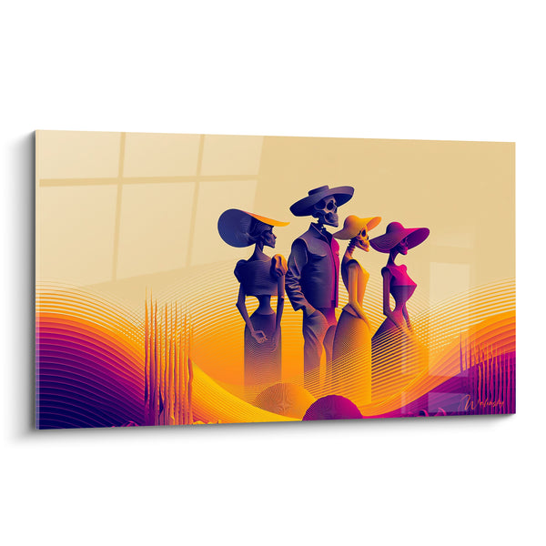 Skeleton silhouettes purple and orange with wide hats painting - Rolling dunes at dusk - Dia de los Muertos Edition