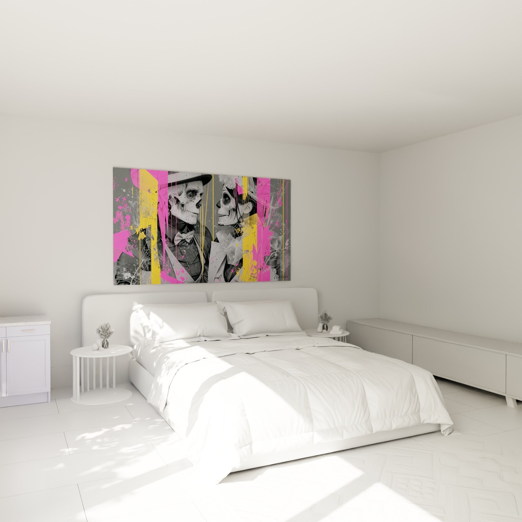 Squelettes Dia de los Muertos en habits élégants, tons roses et jaunes, au-dessus d'un lit dans une chambre claire