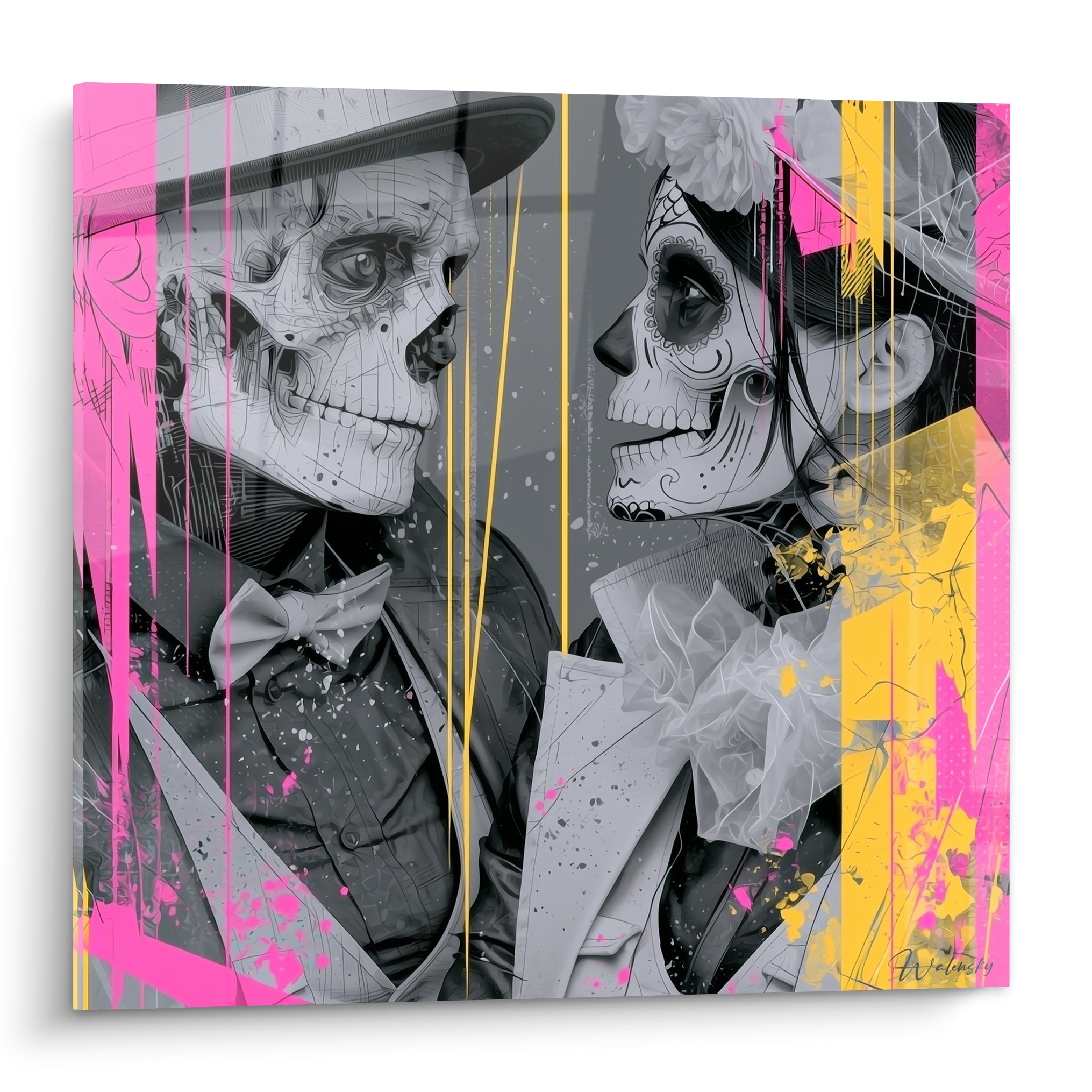 Deux squelettes en costume gris se font face, traits fins et éclats rose fuchsia et jaune moutarde