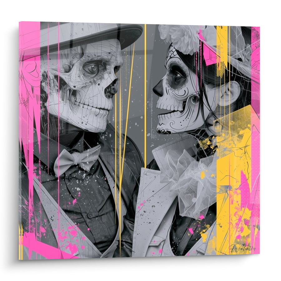 Tableau Squelettes en costume rose et jaune - Bal des amants éternels - Edition Dia de los Muertos