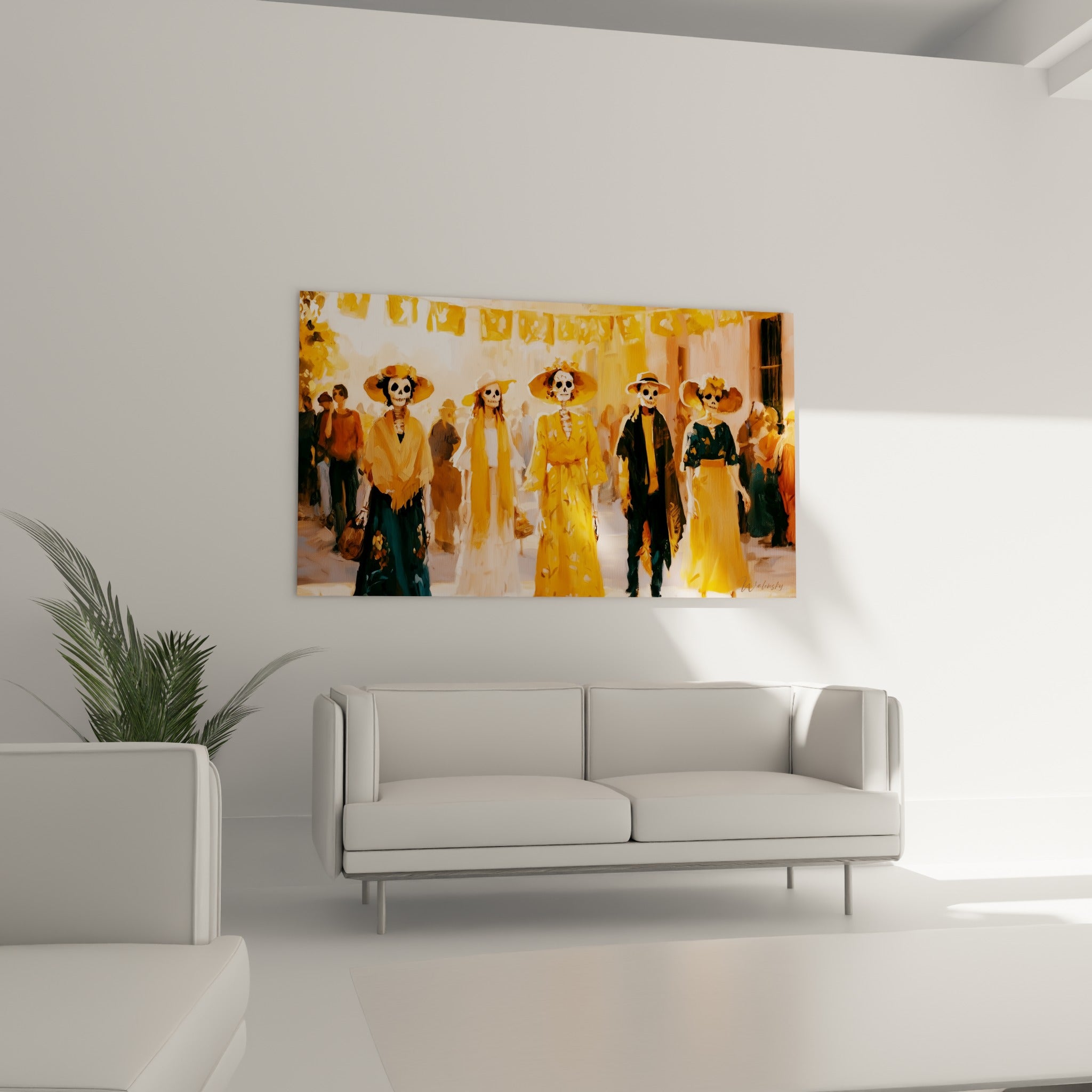 Procession dorée et anthracite du tableau Dia de los Muertos au-dessus d'un canapé dans un salon lumineux