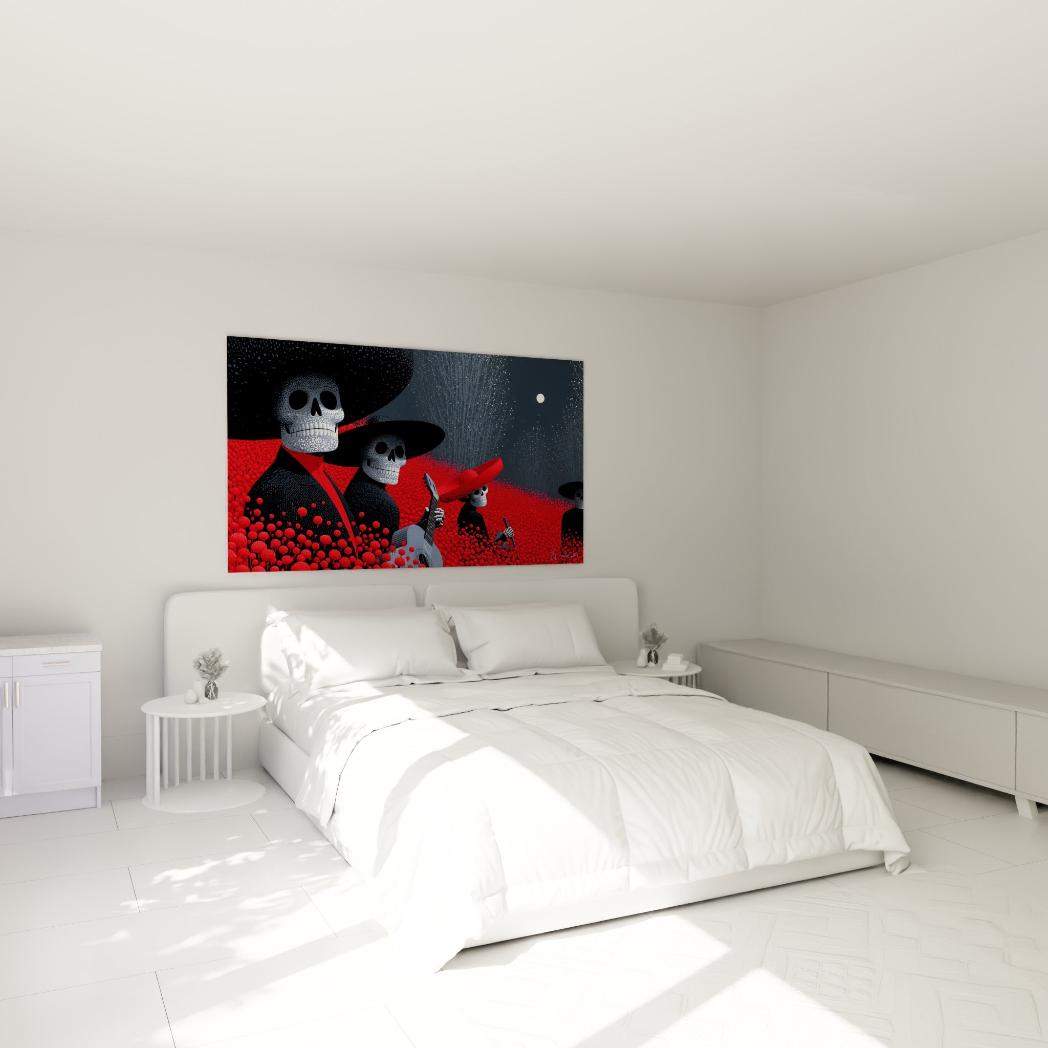 Squelettes musiciens rouge écarlate et anthracite accrochés au-dessus d'un lit dans une chambre claire