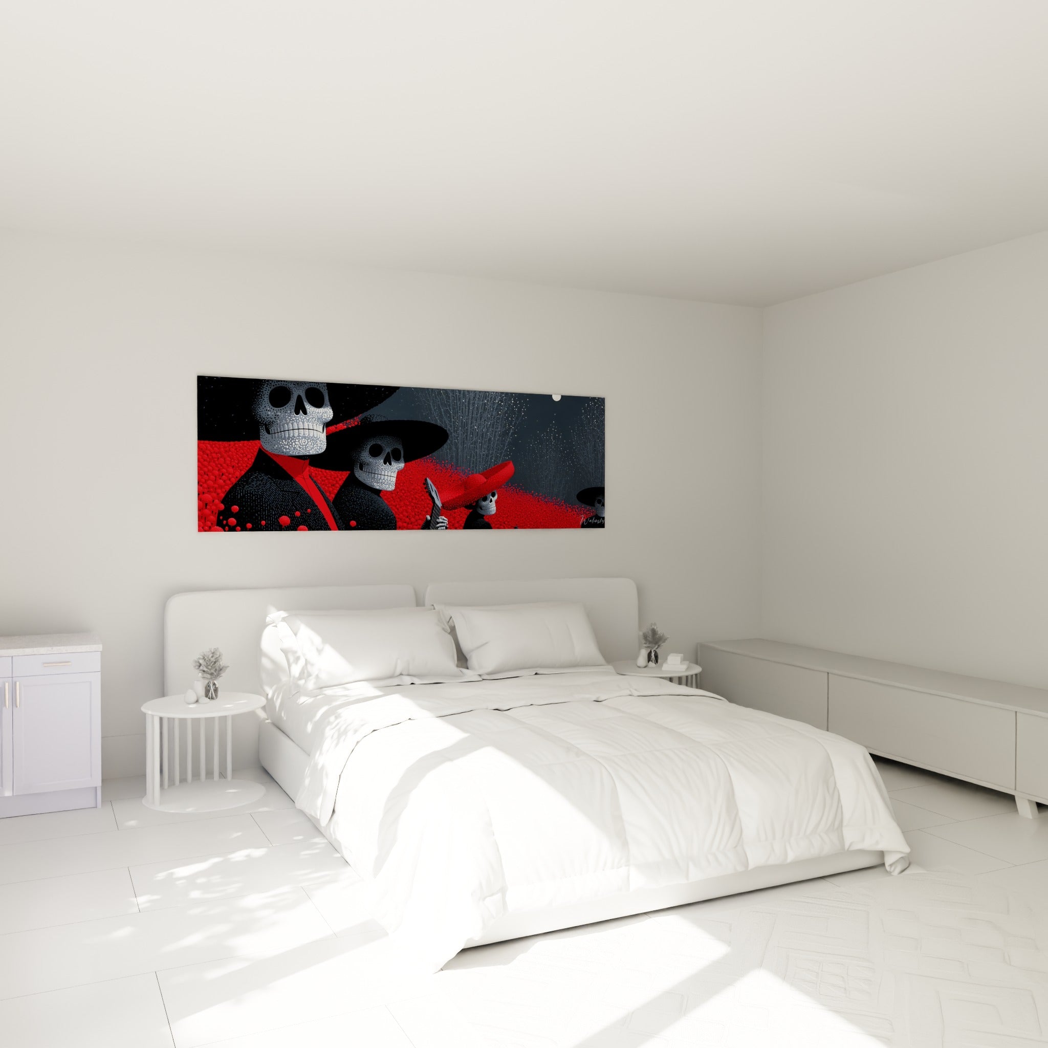 Squelettes en sombreros rouge et noir accompagnent un lit dans une chambre claire