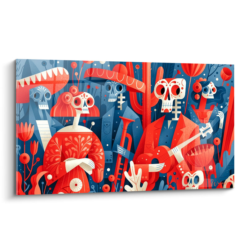 Tableau Squelettes musiciens rouge et bleu marine - Fanfare des ancêtres - Edition Dia de los Muertos