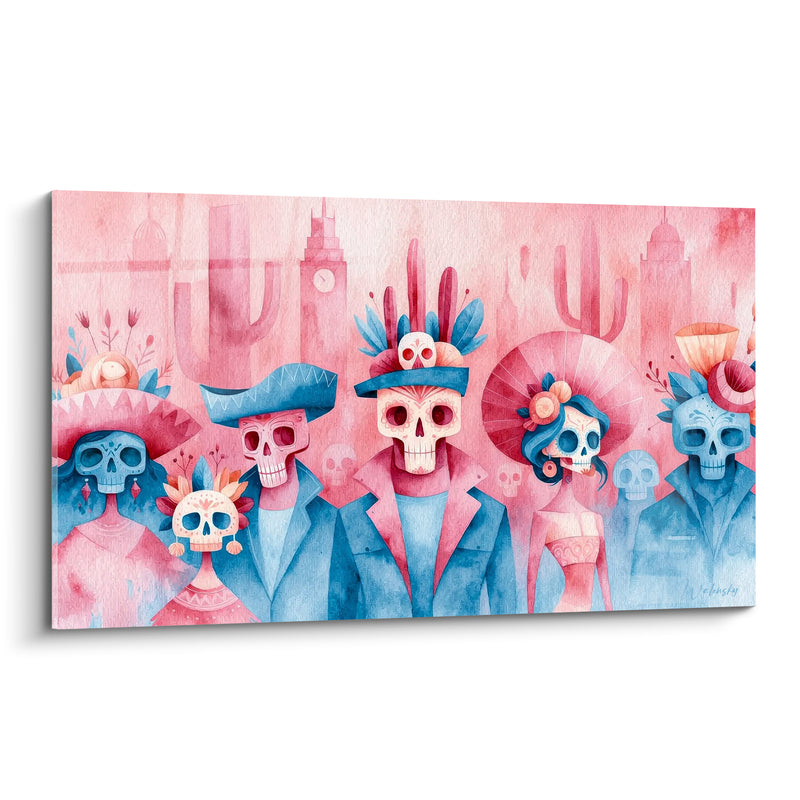 Tableau Squelettes en famille rose et bleu à cactus - Ombrelle et clocher - Edition Dia de los Muertos