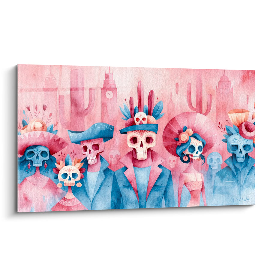 Tableau Squelettes en famille rose et bleu à cactus - Ombrelle et clocher - Edition Dia de los Muertos