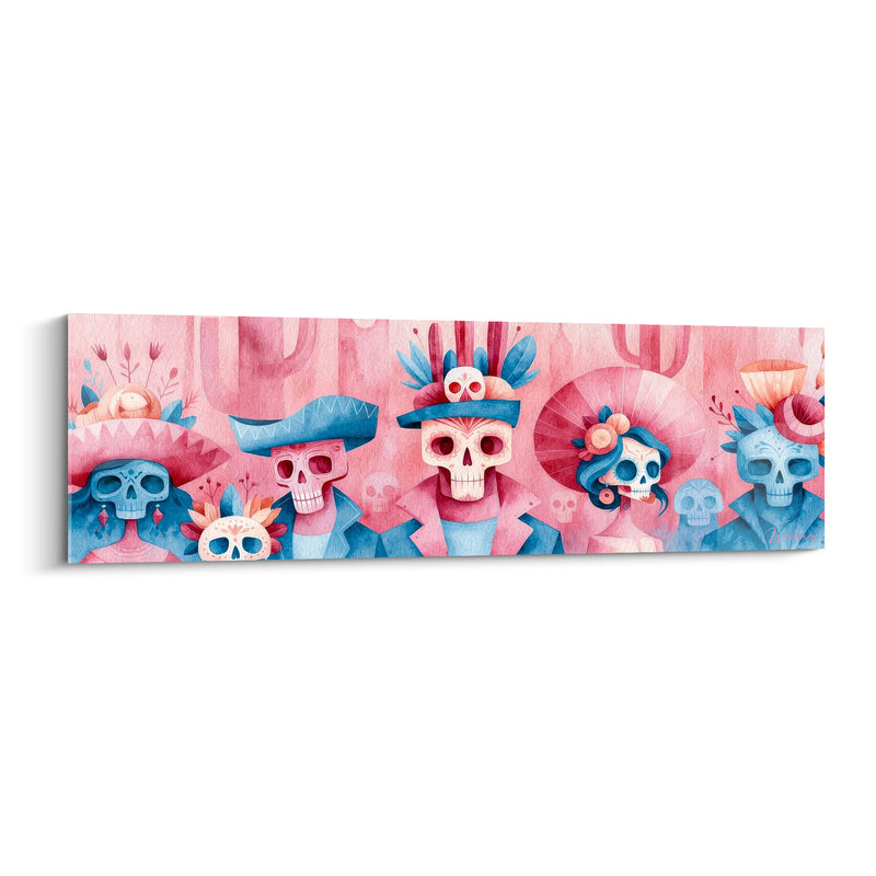 Tableau Squelettes roses aux chapeaux fleuris - Cortège festif - Edition Dia de los Muertos