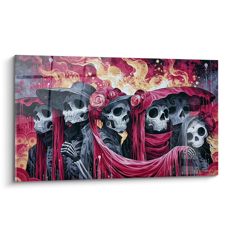 Tableau Squelettes gris et pourpres à écharpe drapée - Chapeaux fleuris à roses - Edition Dia de los Muertos