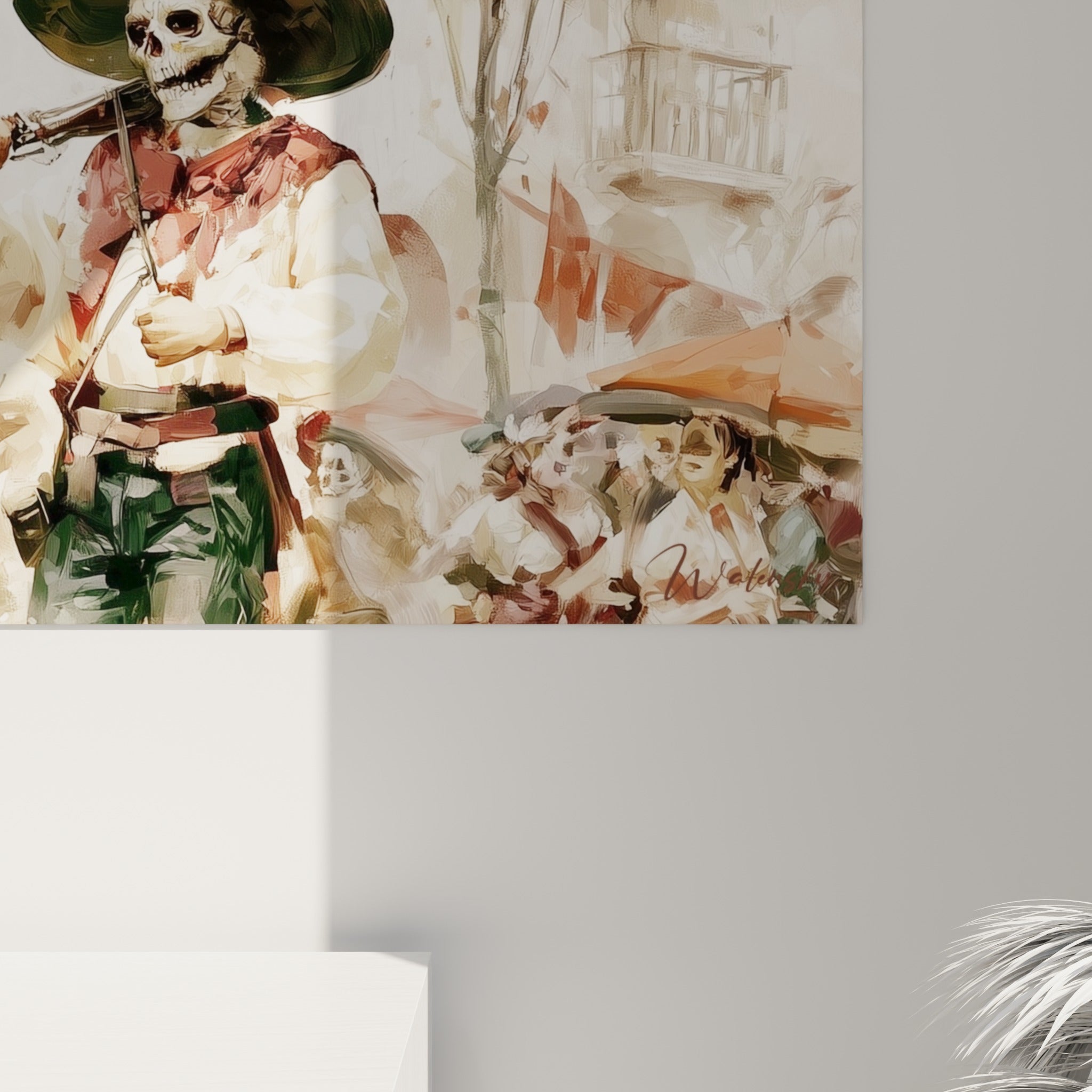 Matière aquarelle visible sur les visages blancs et les fleurs rouges du tableau Dia de los Muertos, coulures ocre et terracotta