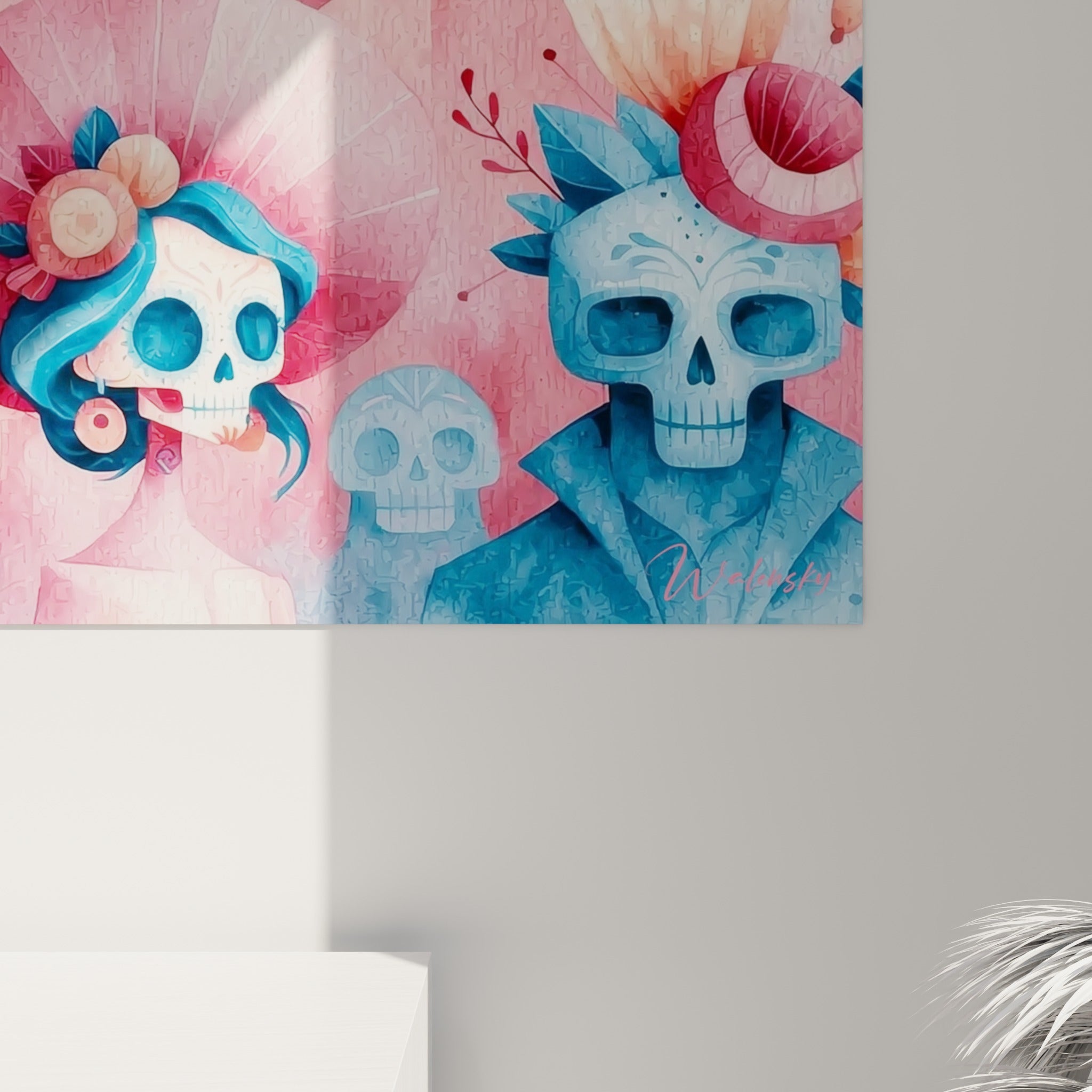 Grain aquarelle visible sur les crânes Dia de los Muertos, coulures roses et bleu pastel fondues sur la toile
