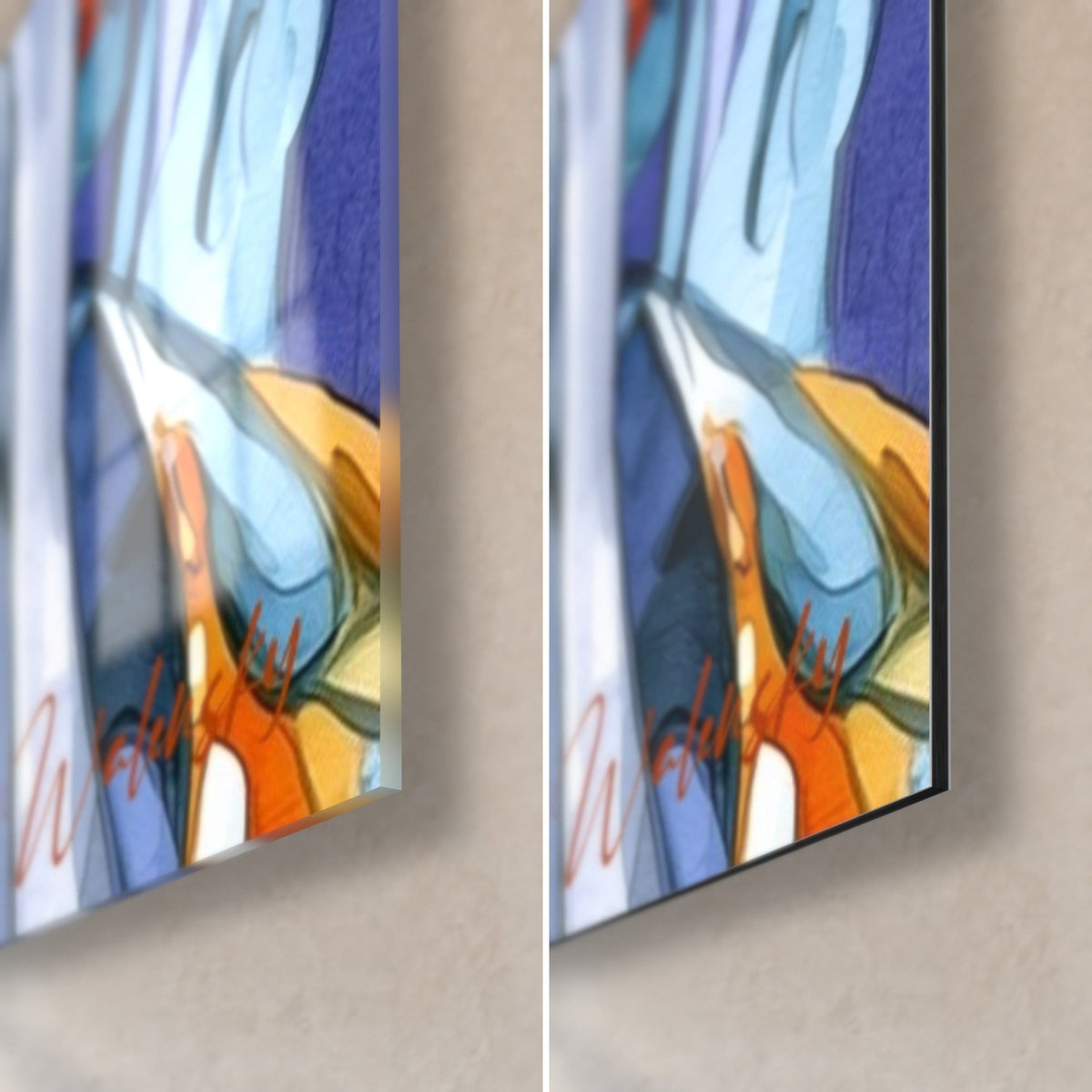 Tableau squelettes élégants bleu et orange, coin bas droit en verre brillant avec reflets et alu Dibond mat, tranche de 3 mm