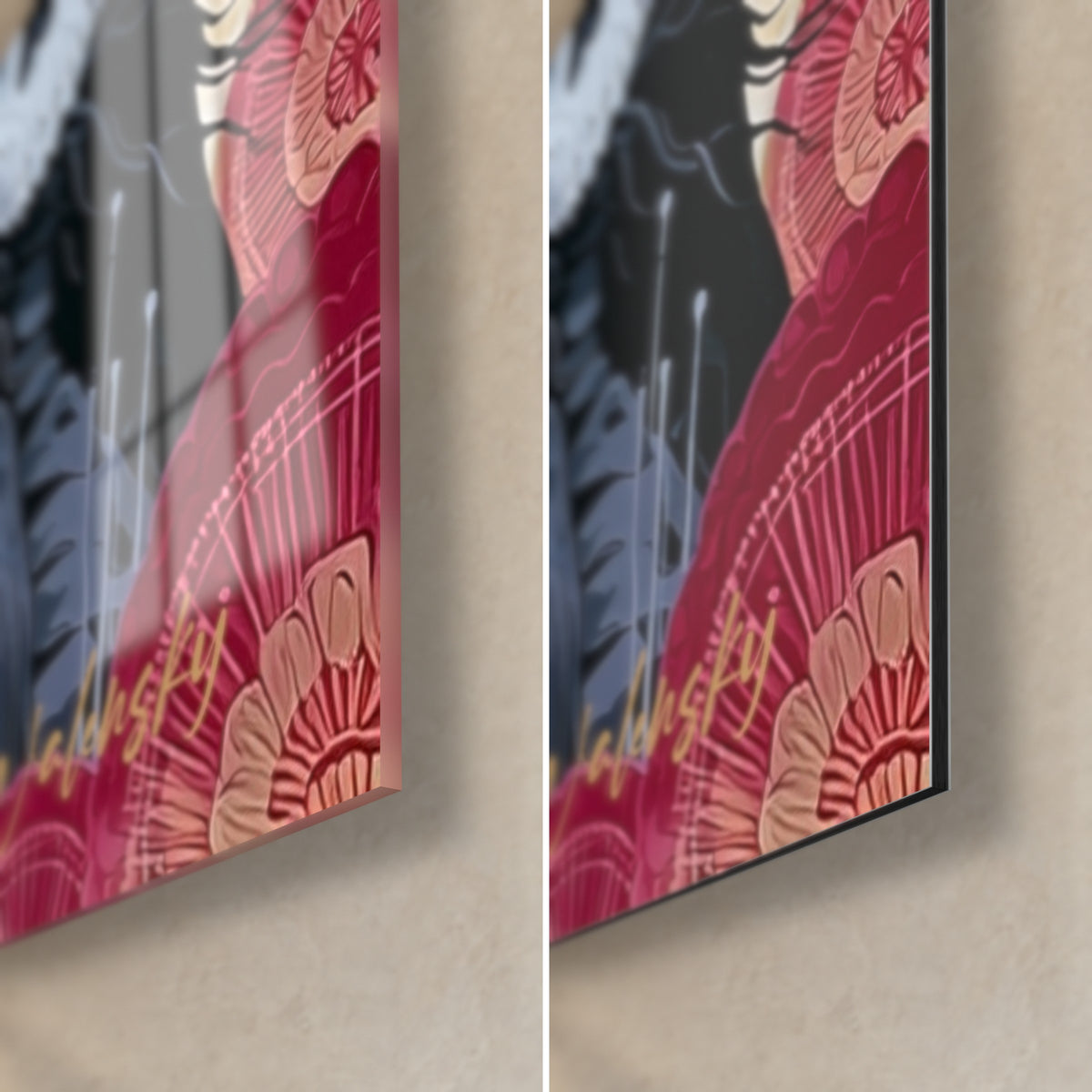 Gemälde Muster aus grauen und purpurnen Schädeln, rosa und goldene Rosetten in der unteren rechten Ecke, glänzendes Acrylglas und mattes Dibond, 3 mm Kante