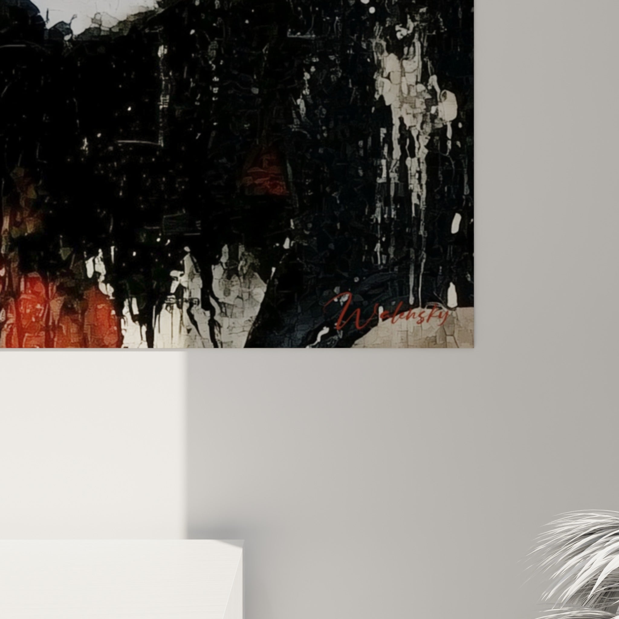 Empâtements blancs et coulures rouge sombre se mêlent sur la toile, grain visible du visage Dia de los Muertos