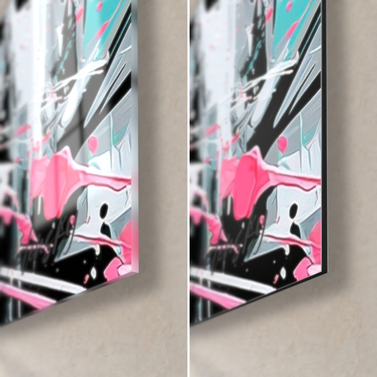 Wall art duo of calaveras, pink splash and black stroke in the bottom right corner, glossy acrylic glass facing matte Dibond aluminium