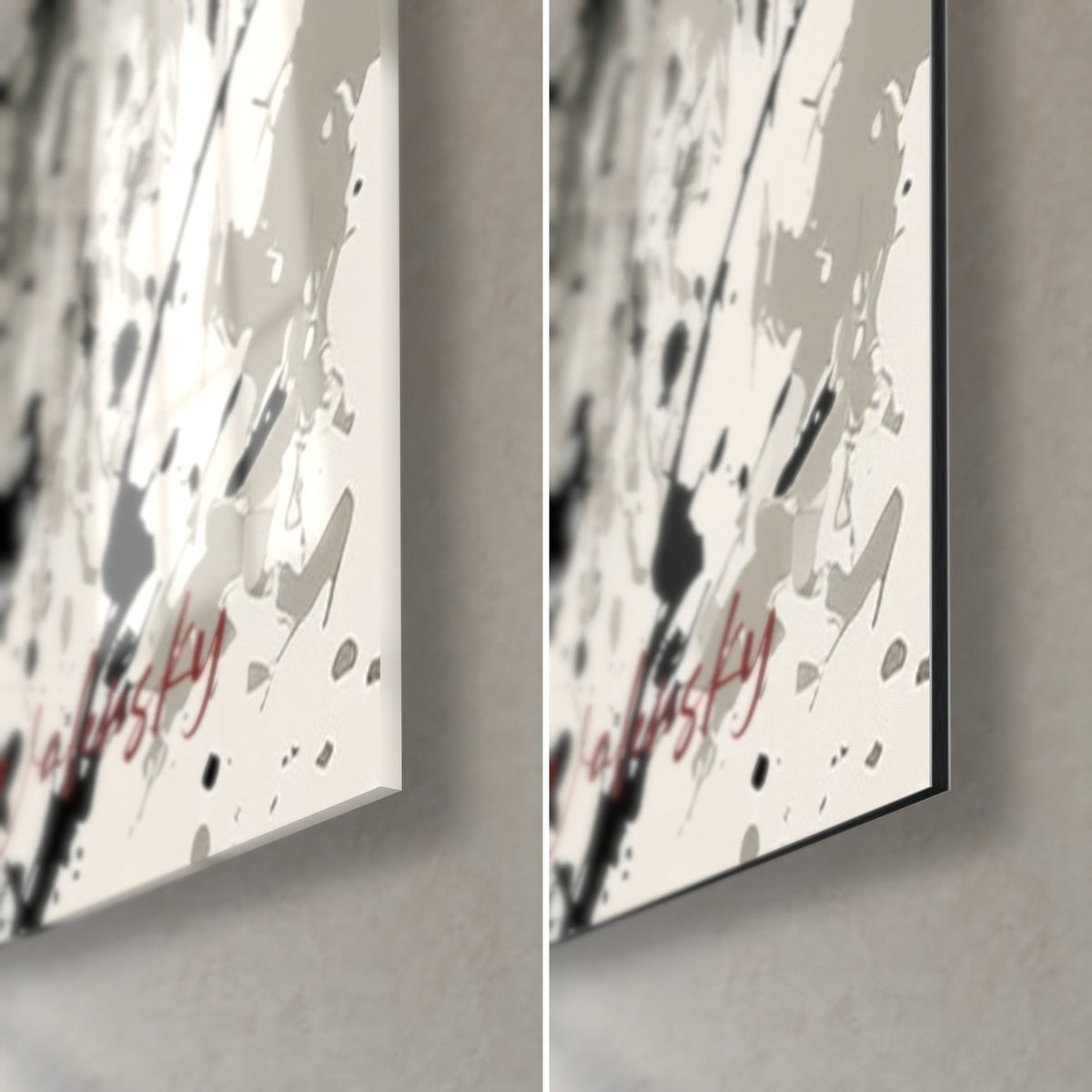 Gemälde makabrer Festzug in roter und schwarzer Tinte, untere rechte Ecke: glänzendes Acrylglas links, matt Dibond rechts, 3 mm Kante