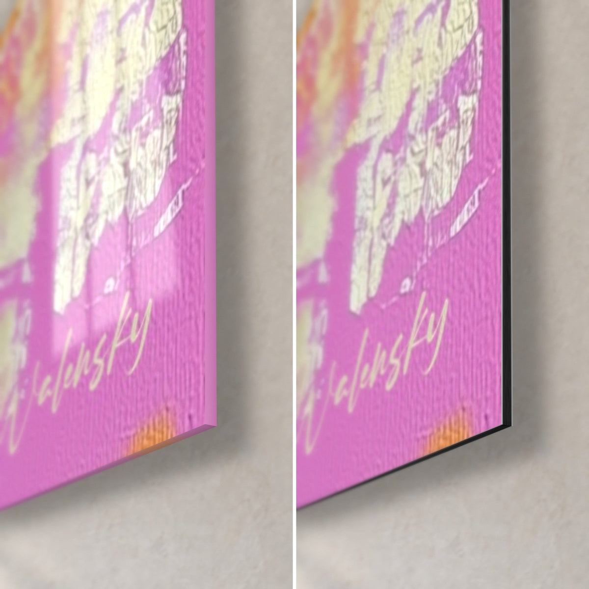 Cuadro tres calaveras en azul cielo y fucsia, esquina inferior derecha en cristal brillante y aluminio Dibond mate, canto de 3 mm