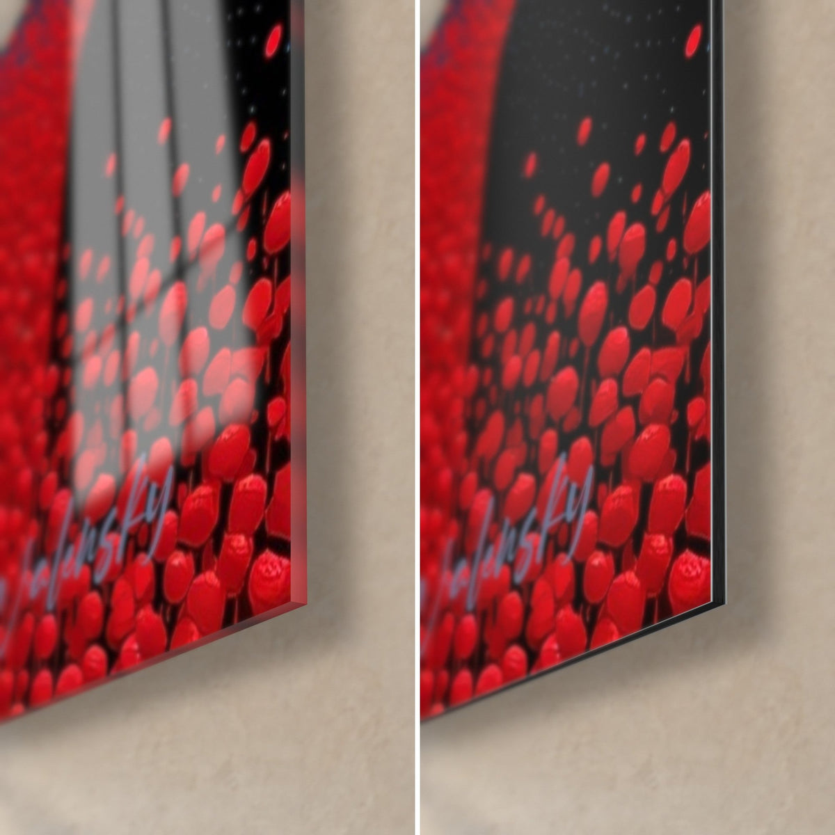 Gemälde Skelett-Musiker, untere rechte Ecke: leuchtend rote Blumen auf schwarzem Grund, glänzendes Glas mit Reflexen und mattes Dibond, 3 mm Stärke