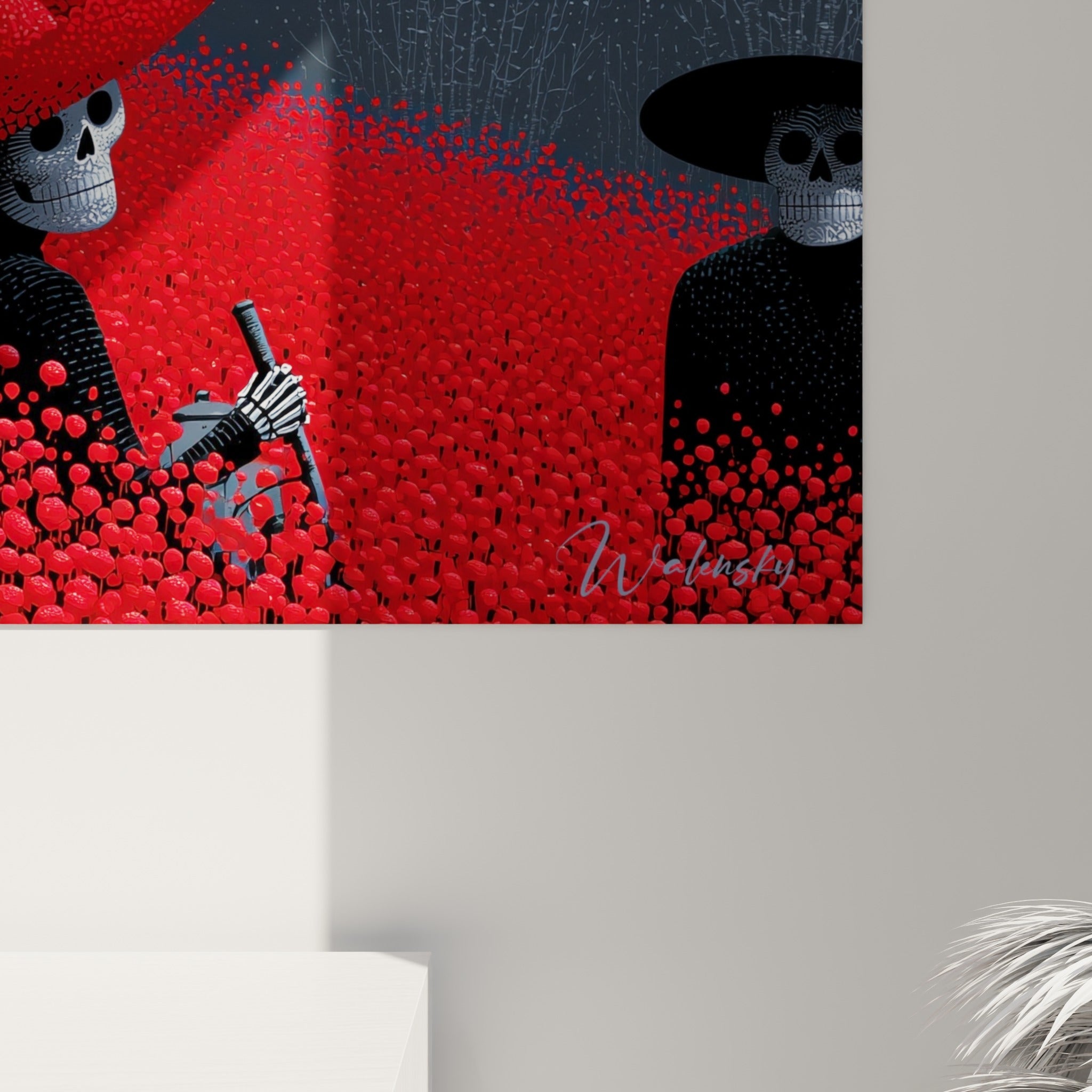Détail des textures pointillées du crâne blanc et des fleurs rouges granuleuses de ce tableau Dia de los Muertos