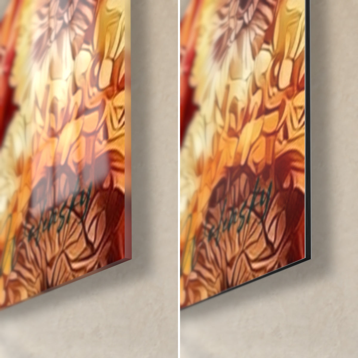 Wall art floral skull in orange and turquoise, bottom right corner: glossy acrylic glass on the left, matte Dibond aluminium on the right