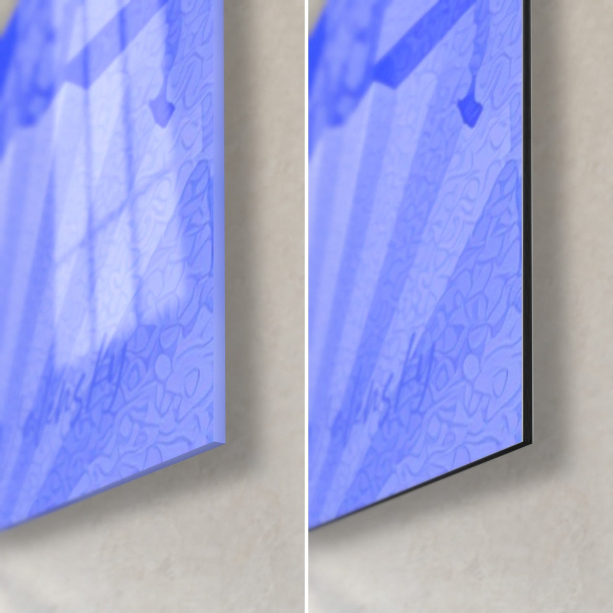 Schilderij skeletten in optocht, rechteronderhoek, kobaltblauw en roze, glanzend glas links, mat Dibond rechts