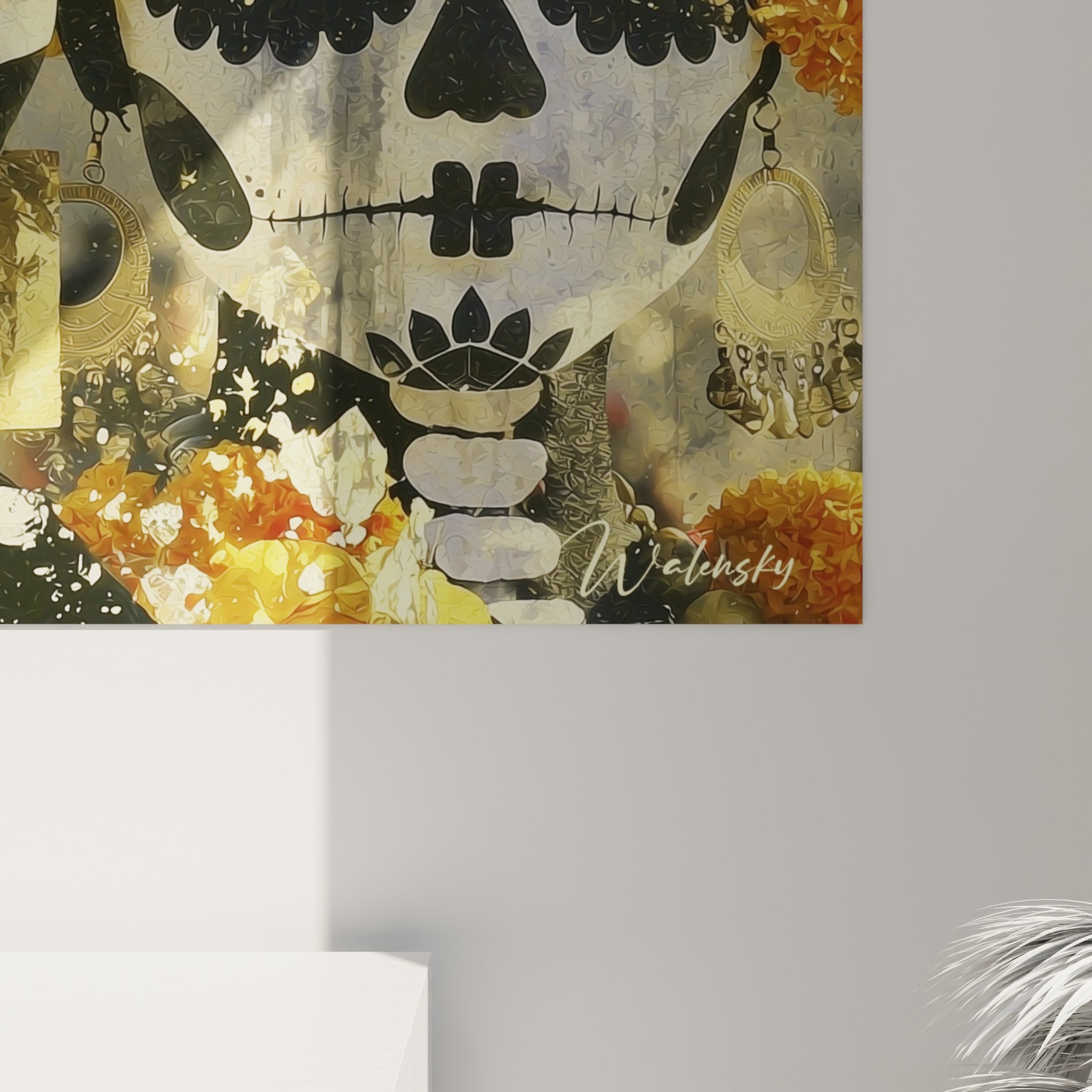 Empâtements dorés et coulures noires du tableau Dia de los Muertos vus de près sur la toile