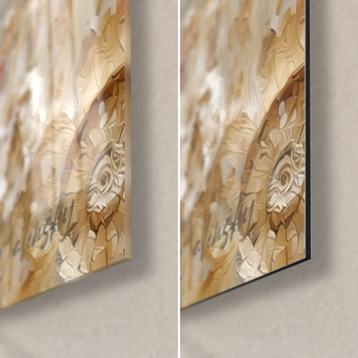 Wall art gold and grey skeleton couple, bottom right corner: glossy acrylic glass on the left, matte black Dibond on the right, 3 mm edge