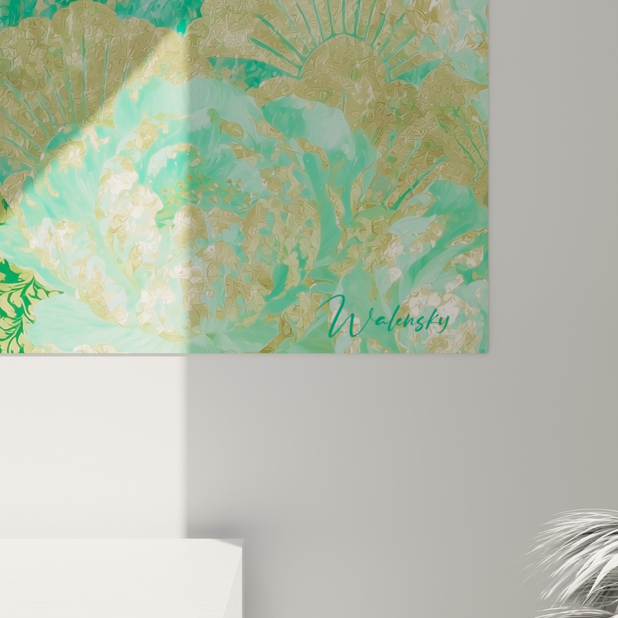 Détail du grain doré et vert émeraude du tableau Dia de los Muertos, matière lumineuse et texture marbrée visible