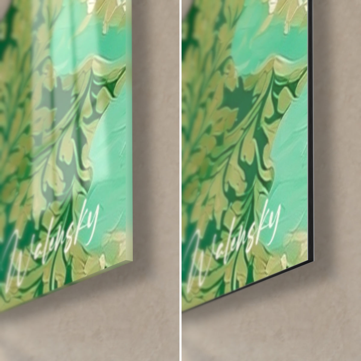 Gemälde Calavera-Gesicht in Mintgrün und Gold, untere rechte Ecke: glänzendes Glas links, matt Dibond-Alu rechts, 3 mm Kante