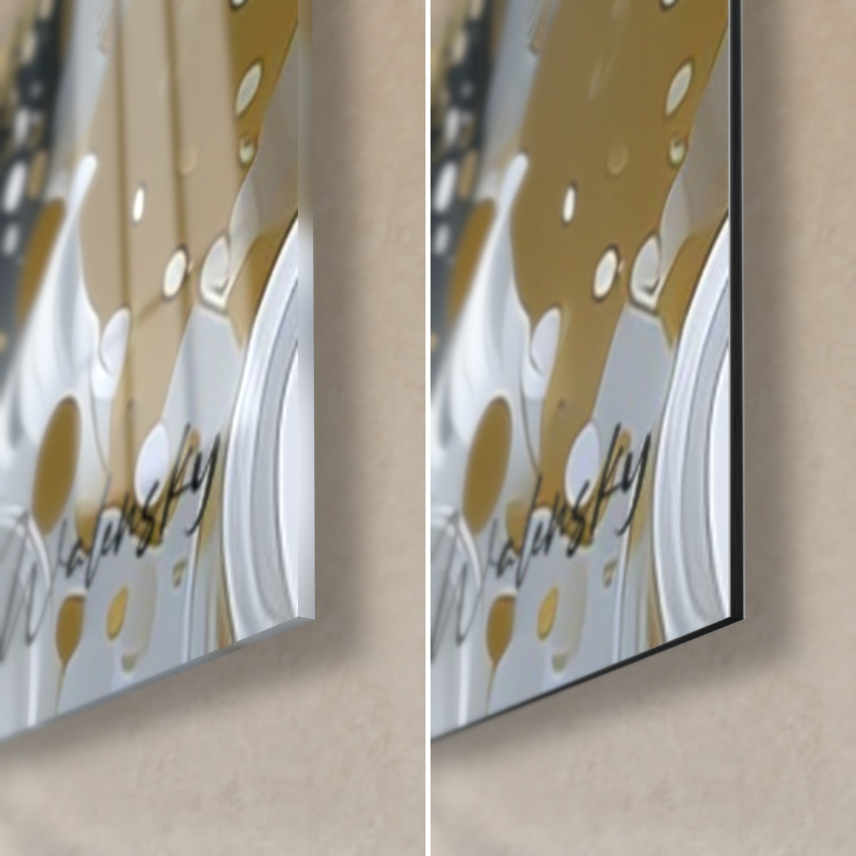 Schilderij catrina-schedels in antraciet en goud, handtekening Walensky, glanzende glazen hoek rechtsonder en mat Dibond aluminium