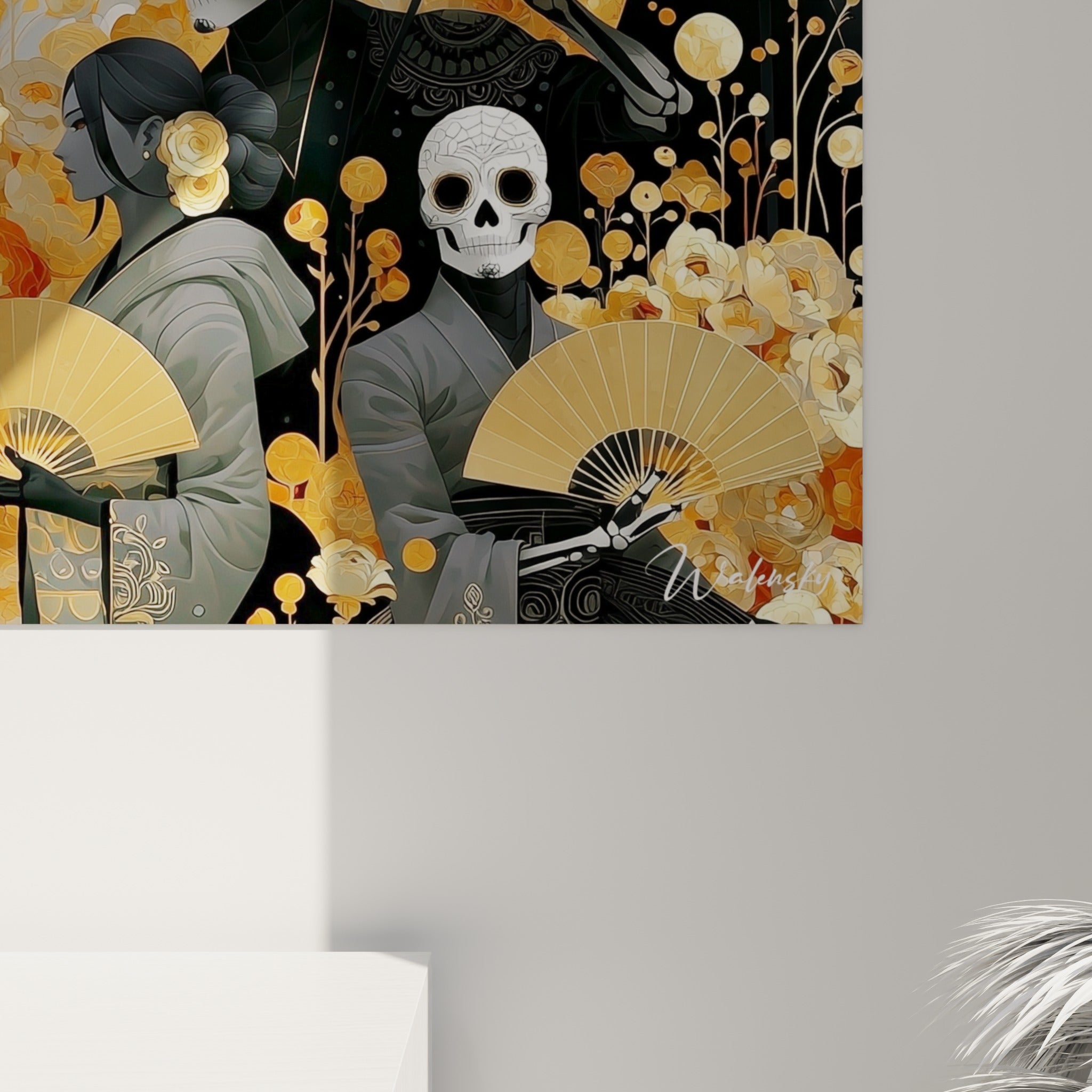 Grain de peinture visible sur les éventails dorés et volutes blanches de ce tableau Dia de los Muertos en gros plan