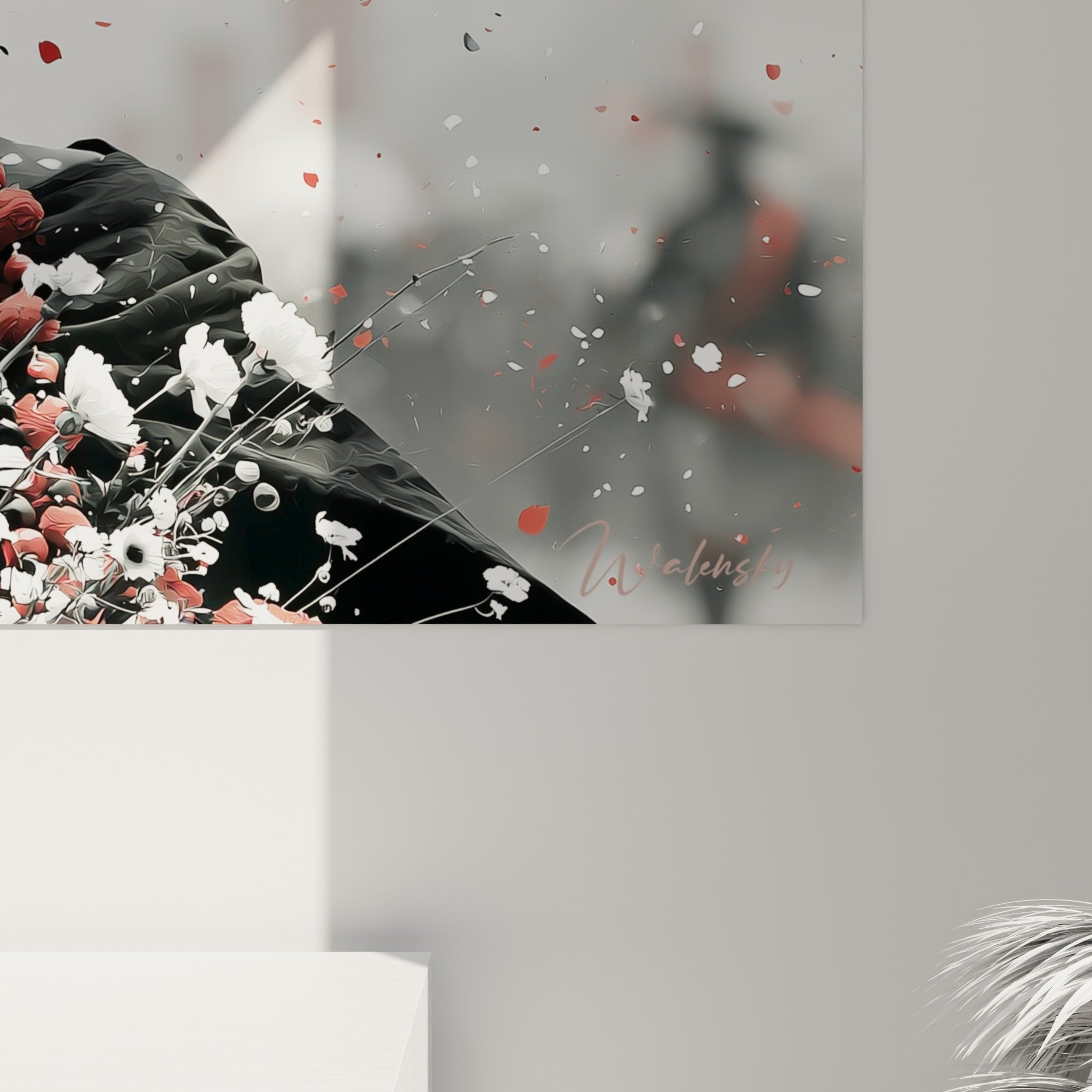 Empâtements rouge écarlate et éclats noirs se mêlant à la trame blanche, grain visible sur les pétales et les traits graphiques