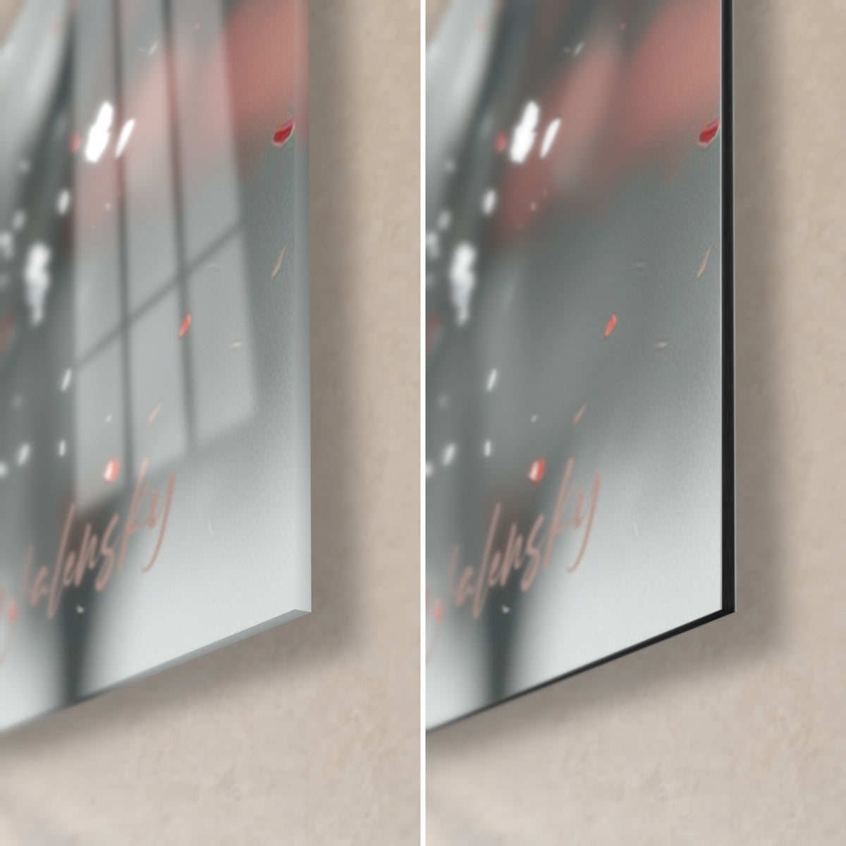 Quadro teschio dipinto in bianco e nero, angolo in basso a destra: vetro acrilico lucido e riflessi a sinistra, Dibond nero opaco e bordo a destra