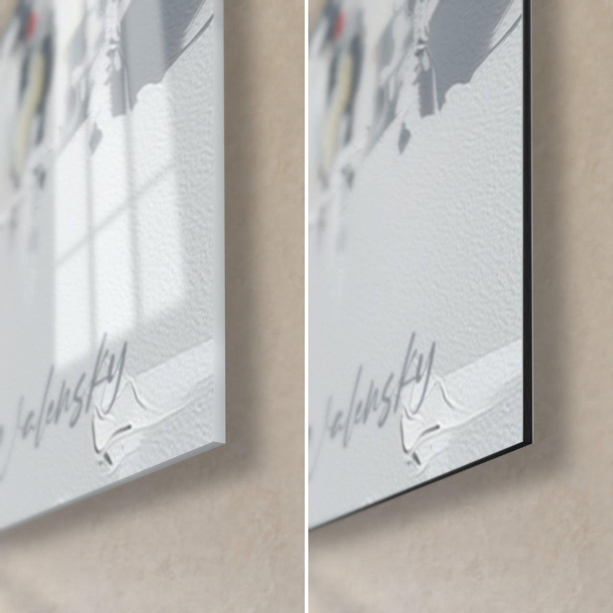Schilderij skeletten in zwarte en gele spatelverf, rechtsonder de hoek: glanzend acrylglas links, mat Dibond-aluminium rechts