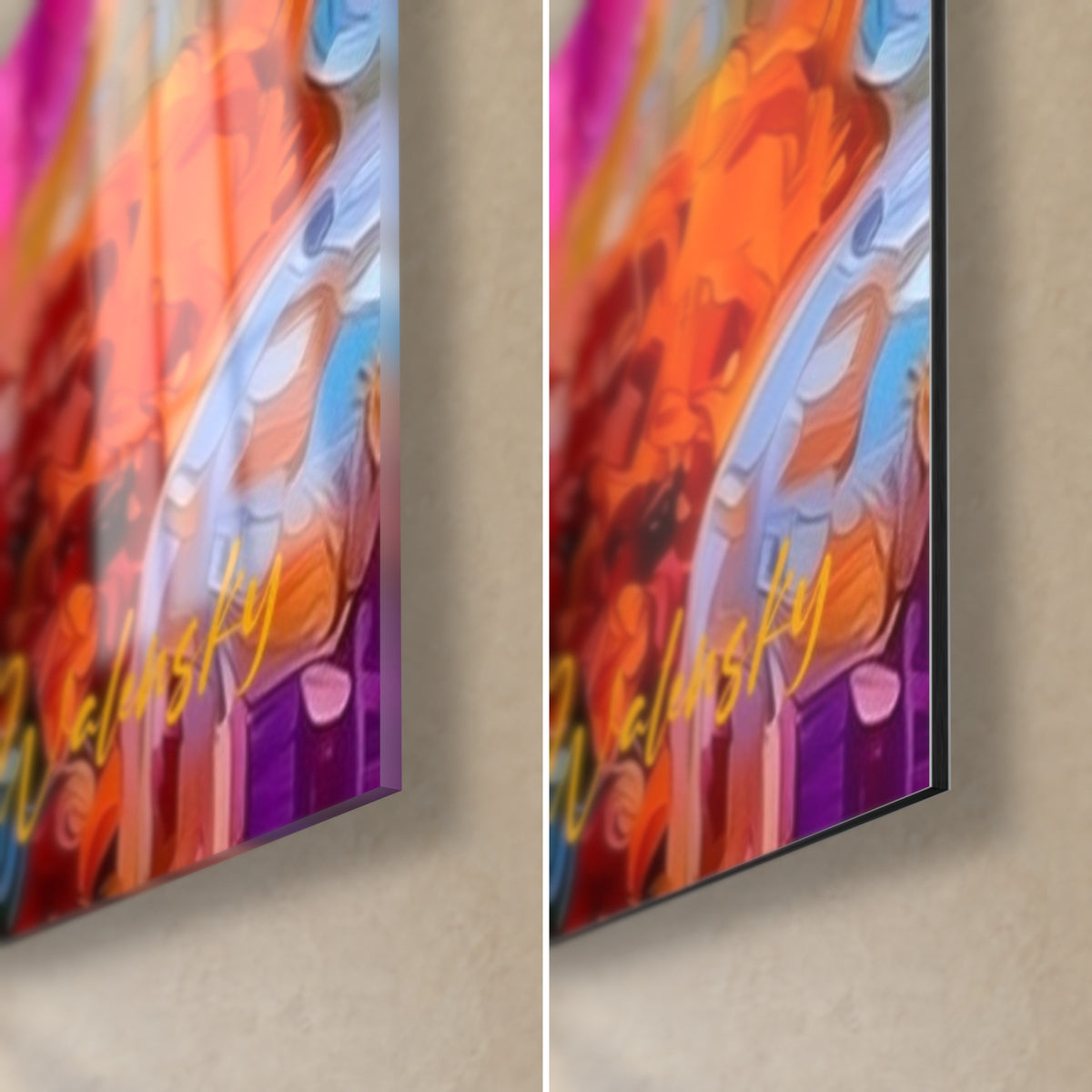 Schilderij Catrina in roze en paarse penseelstreken, rechtsonder: glanzend acrylglas links, mat Dibond rechts