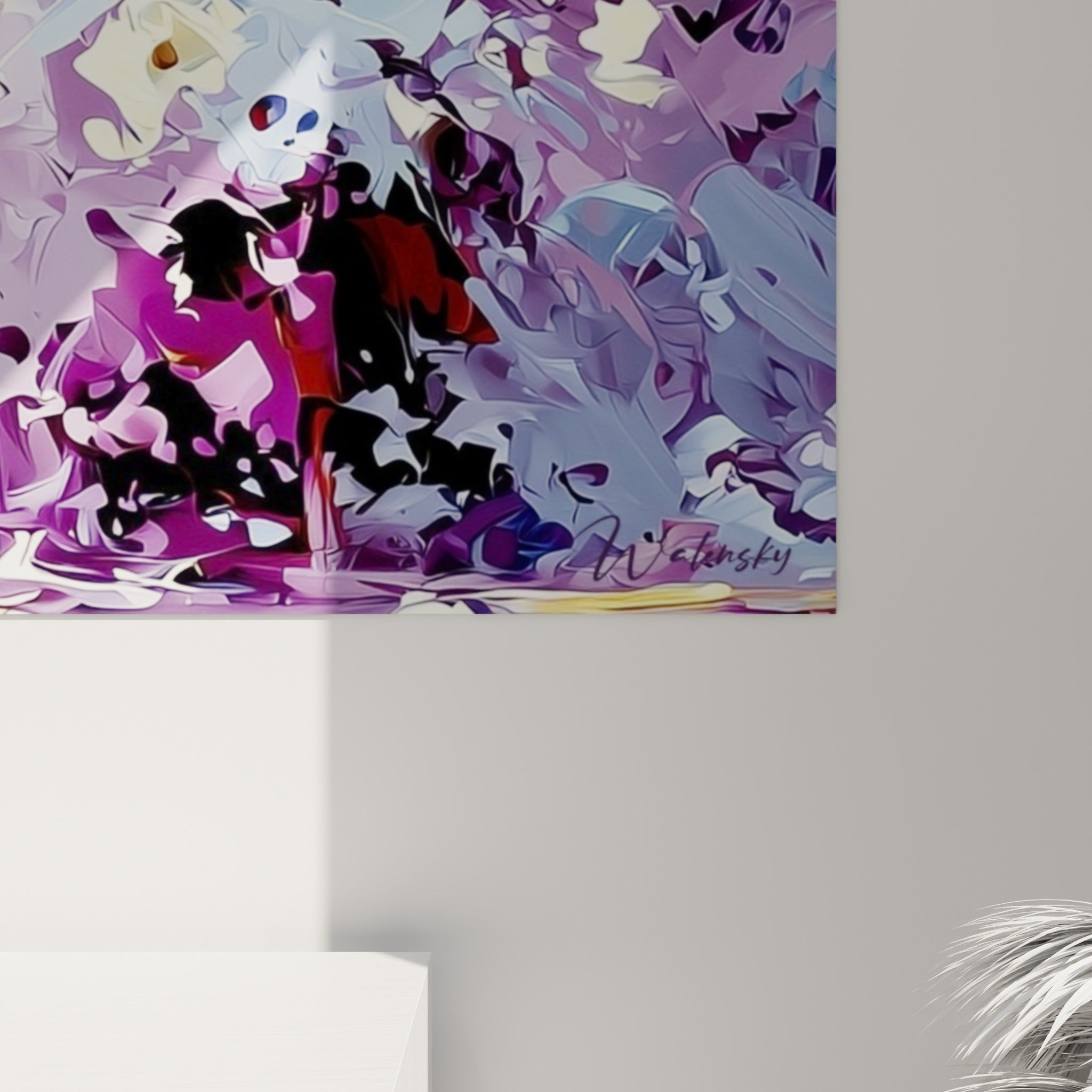 Empâtements violets et coulures dorées se mêlant sur la robe, détail matière du tableau Dia de los Muertos accroché