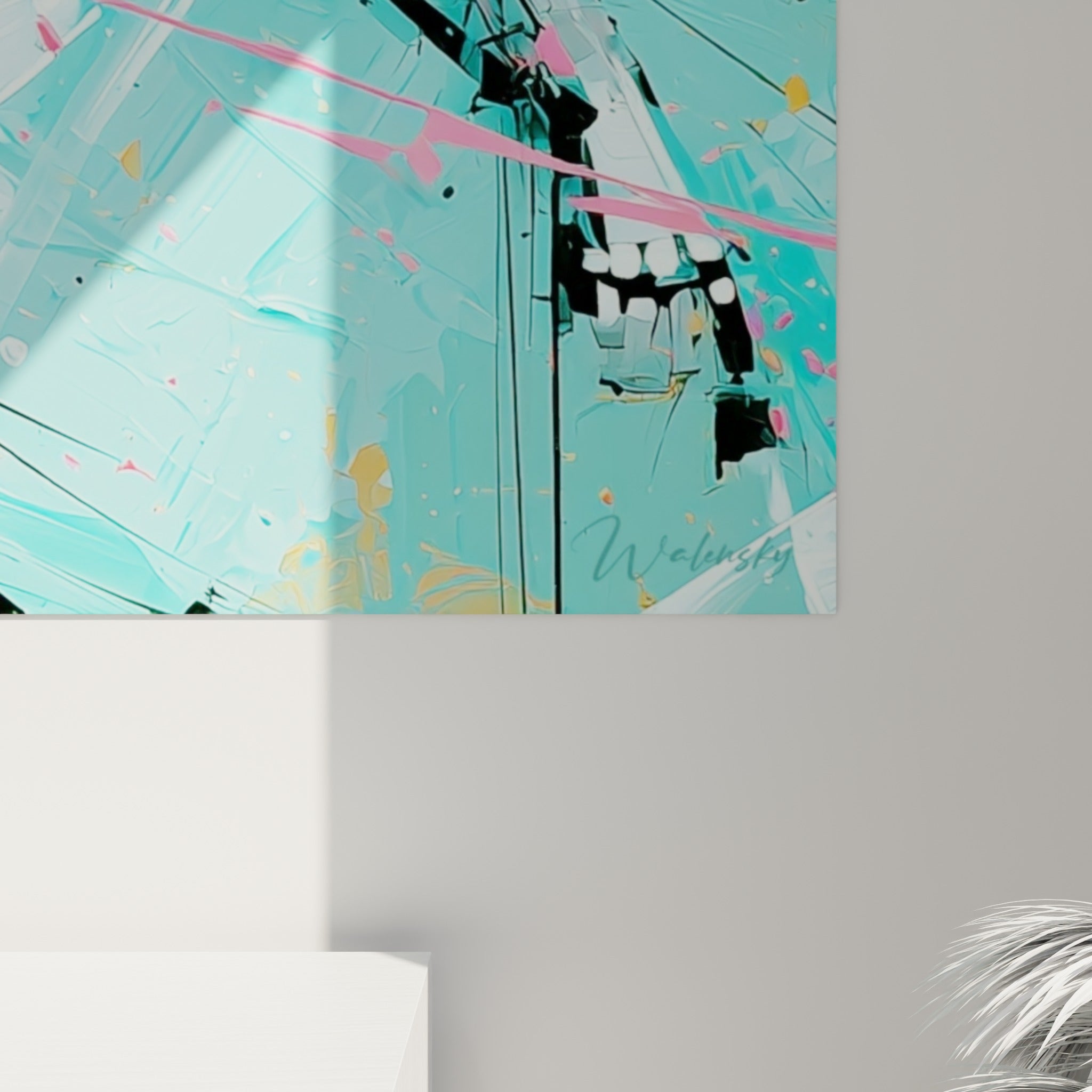 Détail des projections noires et roses sur fond turquoise révélant la matière gestuelle de la peinture