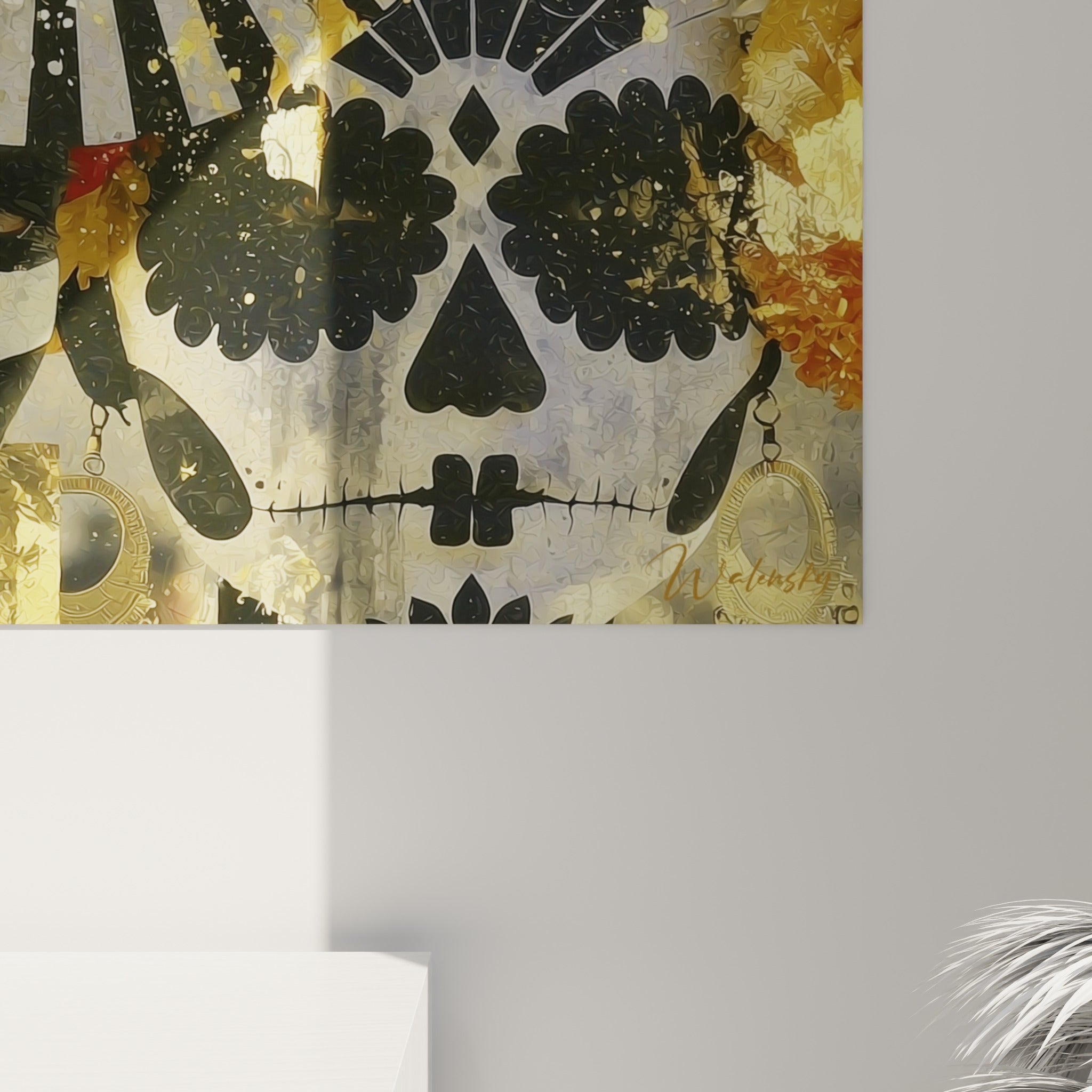 Empâtements dorés et coulures noires du tableau Dia de los Muertos vus de près, grain texturé apparent