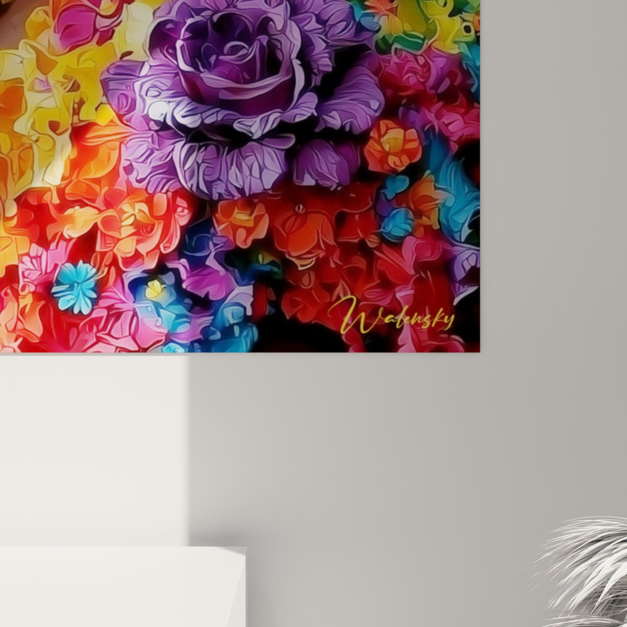 Détails des empâtements colorés bleu turquoise, jaune et rouge sur ce tableau Dia de los Muertos accroché au mur