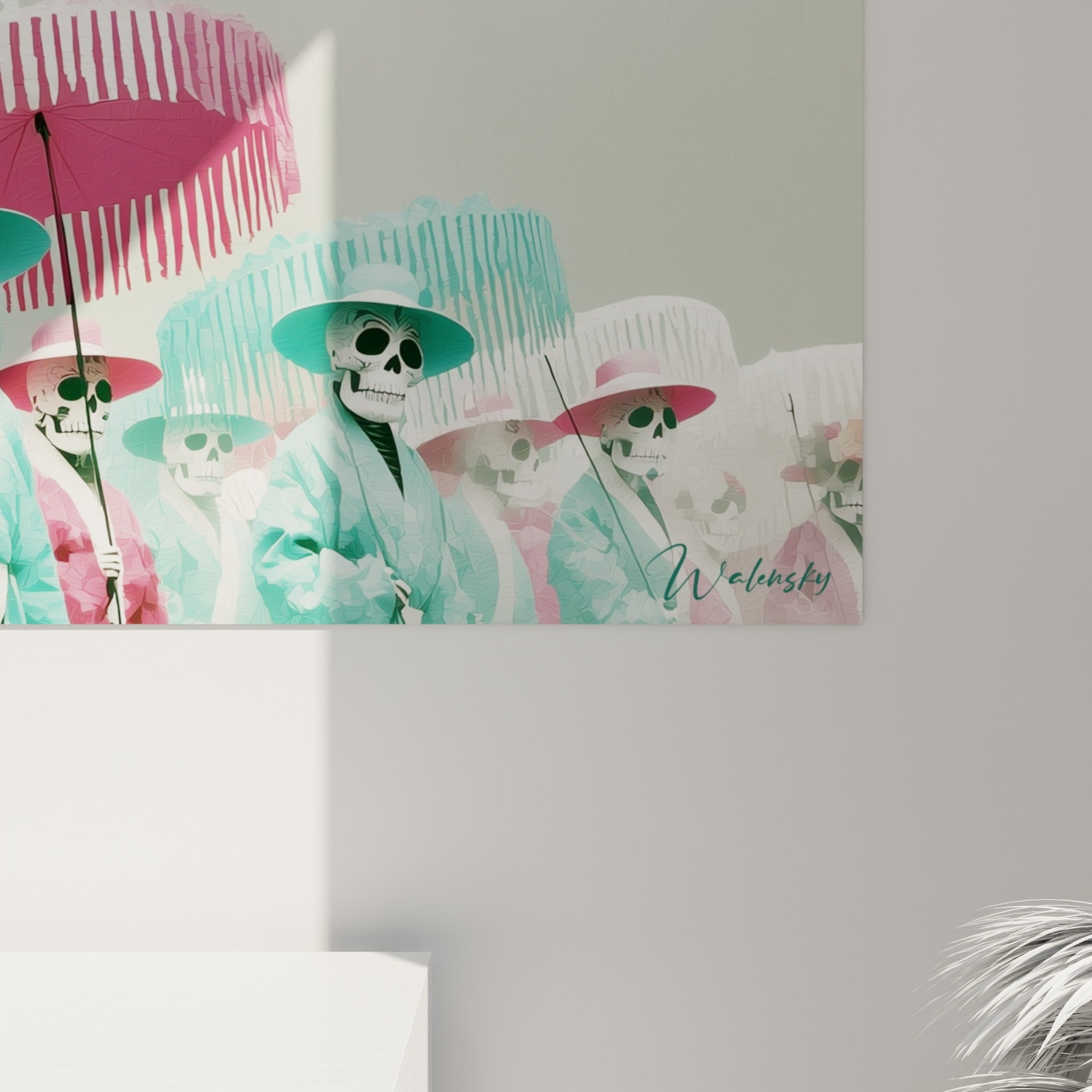 Grain pictural des ombrelles roses à franges blanches et coulures turquoise, détail du tableau Dia de los Muertos