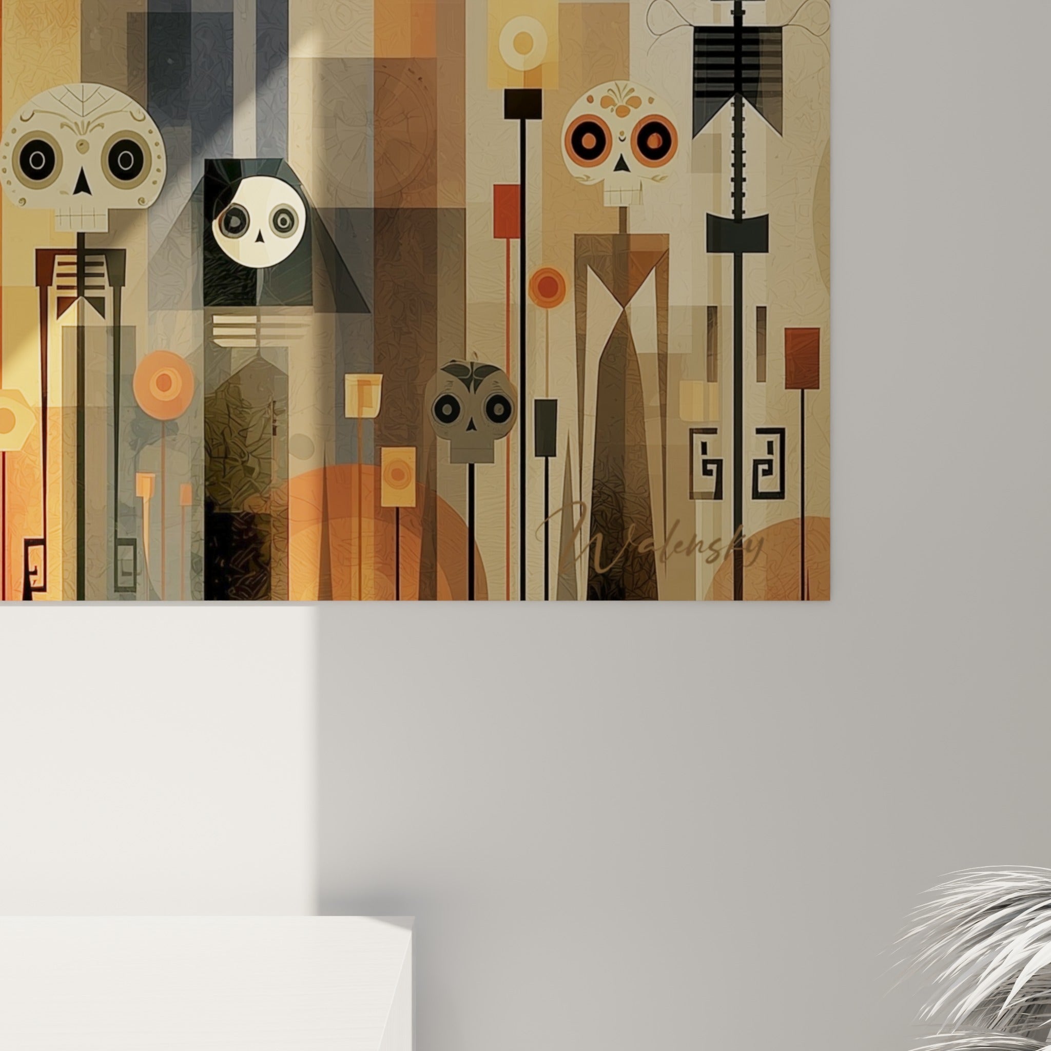 Empâtements ocre et anthracite visibles de près sur ce tableau Dia de los Muertos accroché au mur