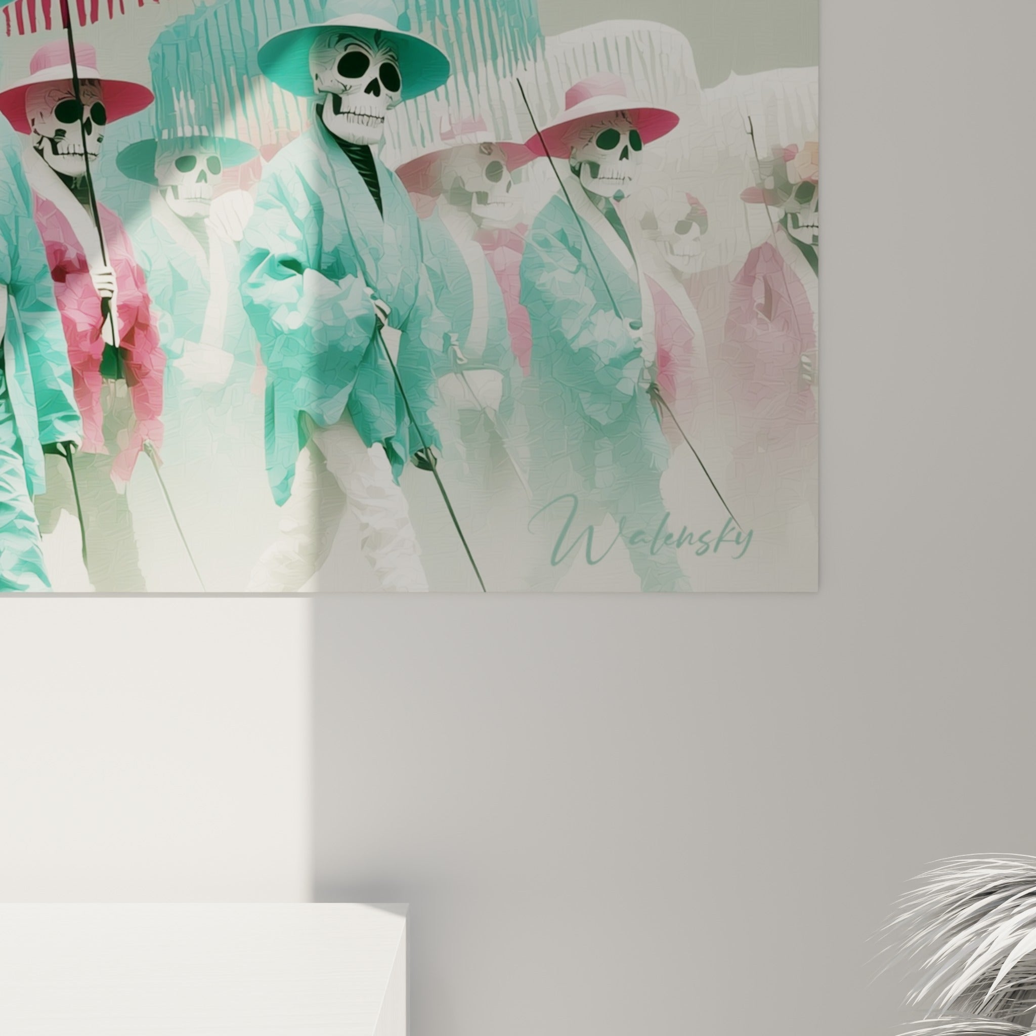 Détail des kimonos rose fuchsia et vert d'eau, textures et coulures visibles sur ce tableau Dia de los Muertos