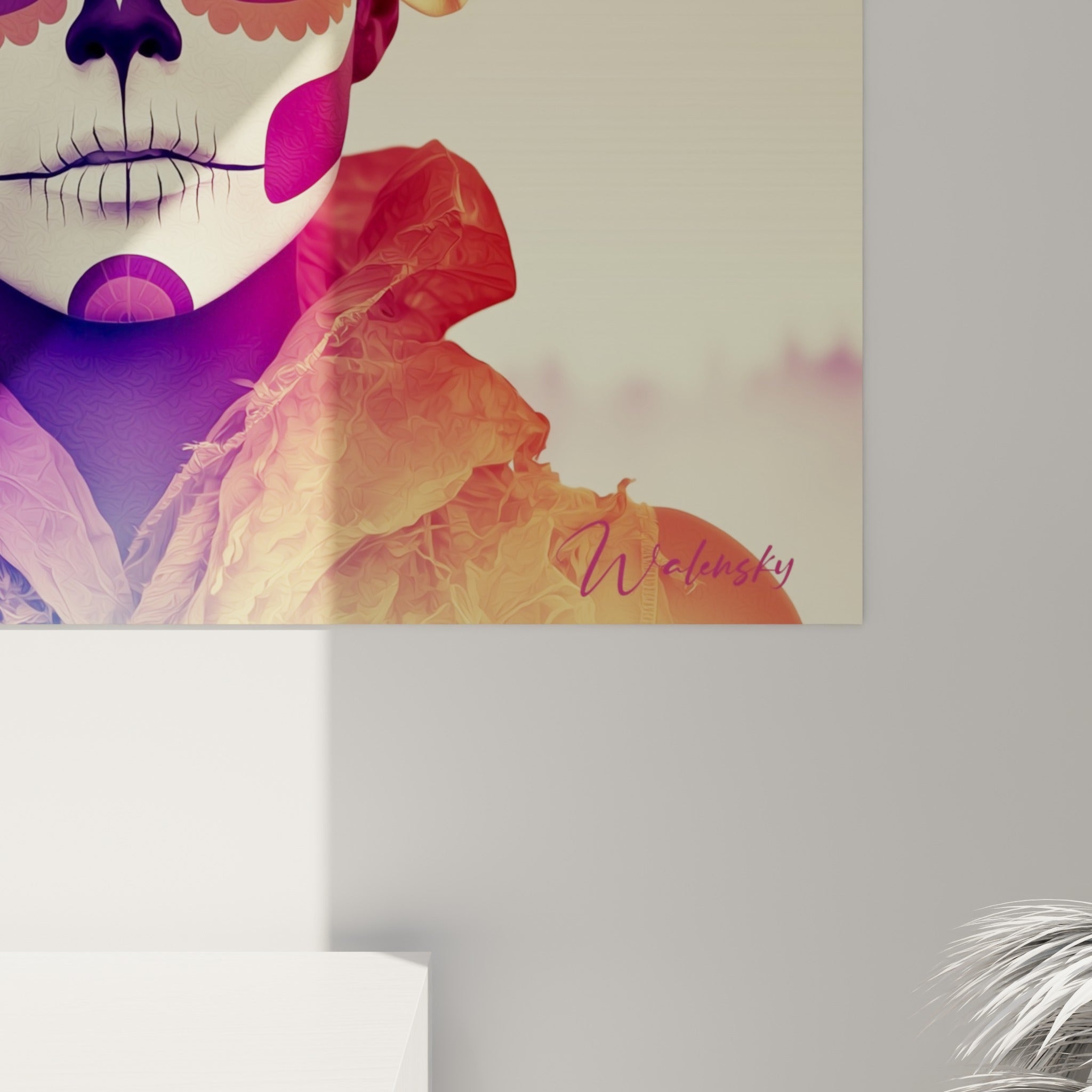 Grain de l'impression révélant les nuances violettes et orangées du maquillage Dia de los Muertos en gros plan