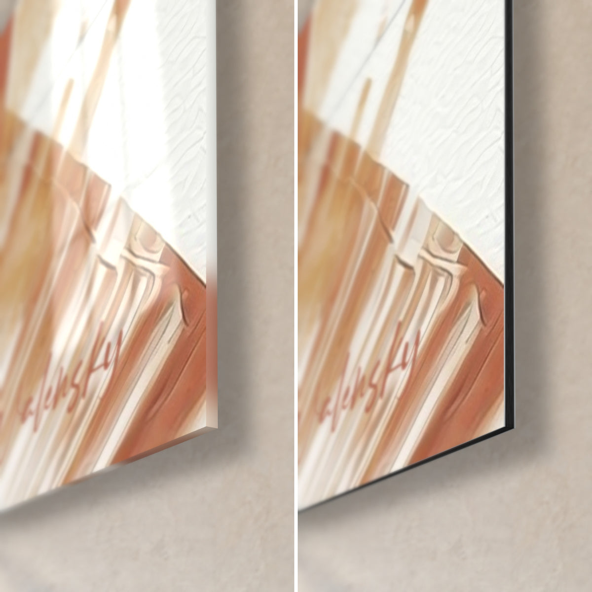 Wall art calavera face, bottom right detail: glossy acrylic glass with reflections, matte white Dibond aluminium and 3 mm edge